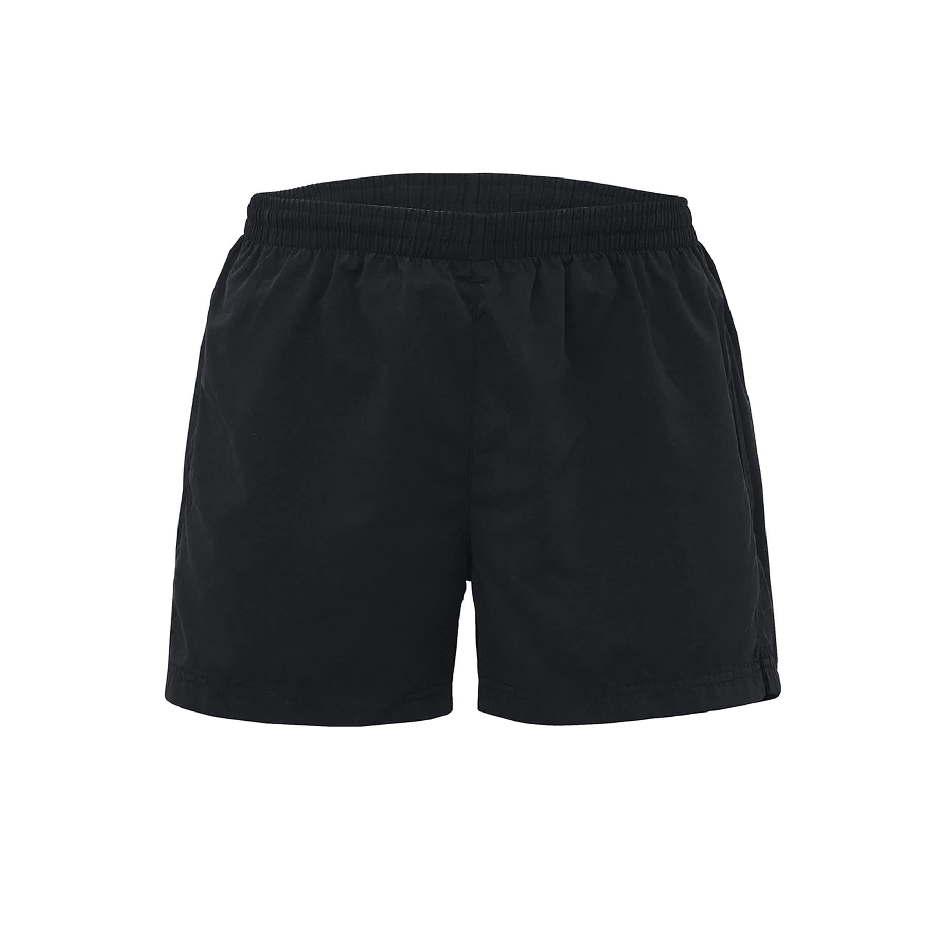 Black sports shorts with an elastic waistband, featuring a logo on the front. Suitable for active wear. Active Shorts - Mens - Image 1