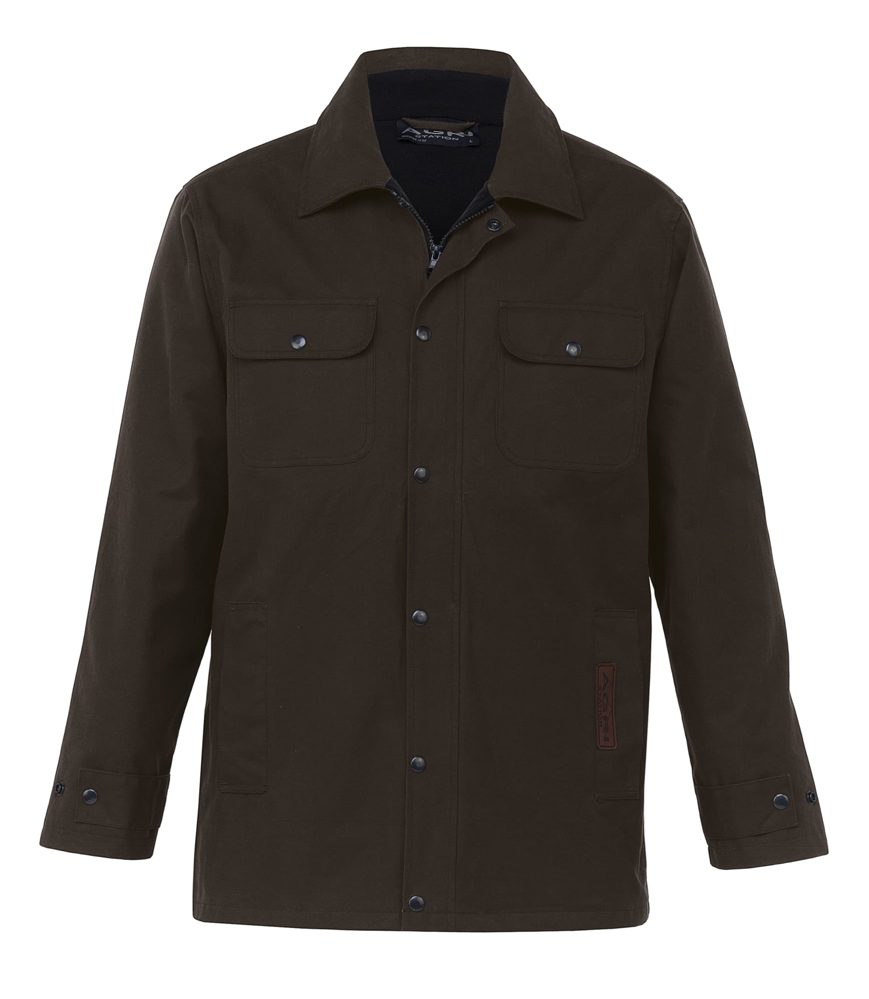 A dark green oilskin jacket featuring a button-up front, two chest pockets, and an interior lining. Agri Station Tundra Oilskin Jacket - Image 1