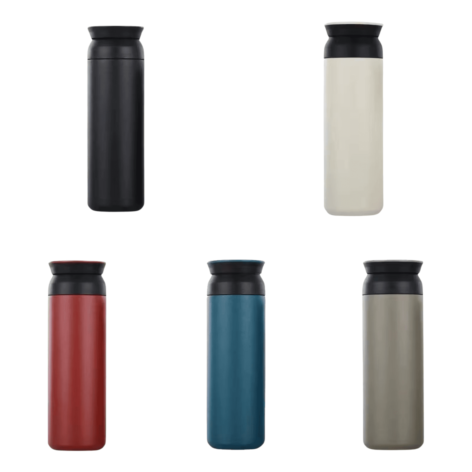 A drink bottle in black, cream, red, teal, and green, featuring sleek designs and black lids. It has a logo. 500ml Japanese Style Vacuum Bottle - Image 1