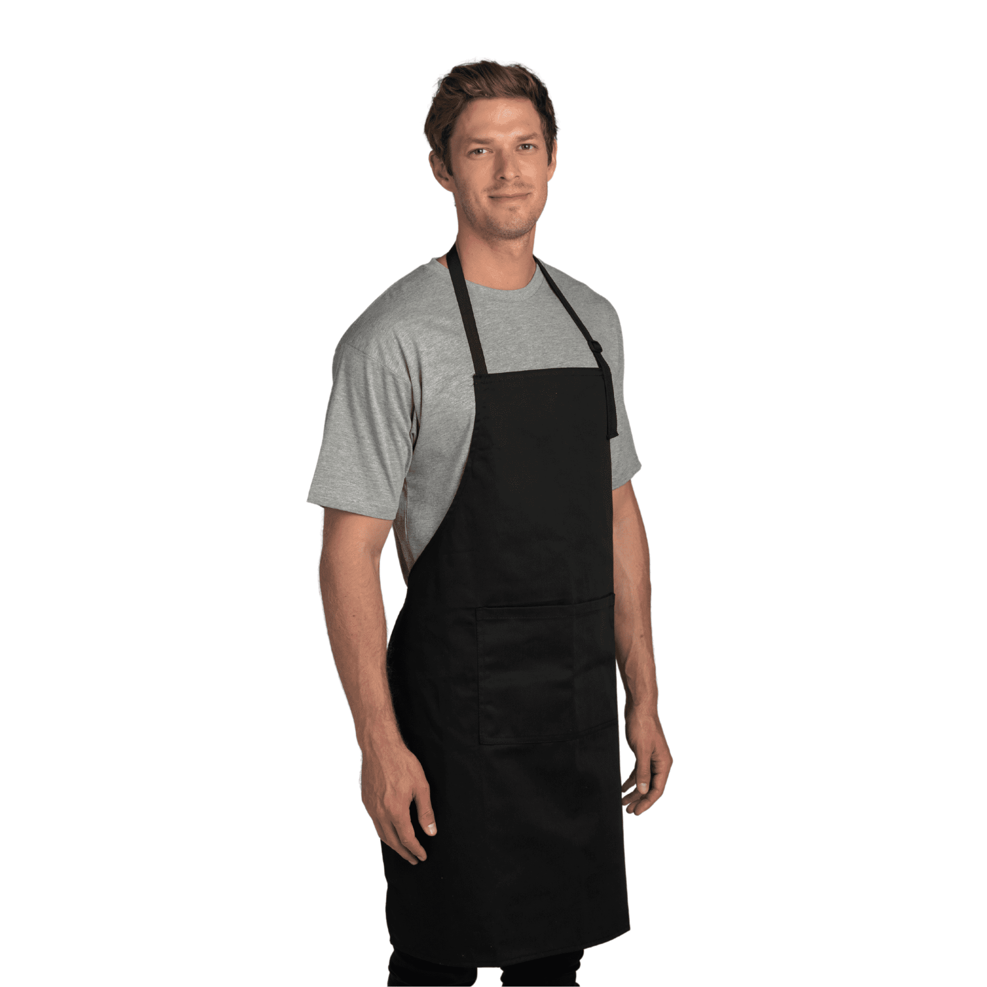 A black chef's apron on a model, featuring a neck strap and front pocket. The model wears a grey t-shirt underneath. Oc Chef / Waiters Apron - Image 1