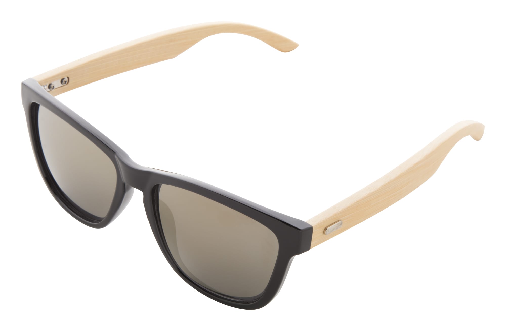 Sunglasses featuring a black front and wooden-style arms, with a logo on the side. Sunbus Sunglasses - Image 1