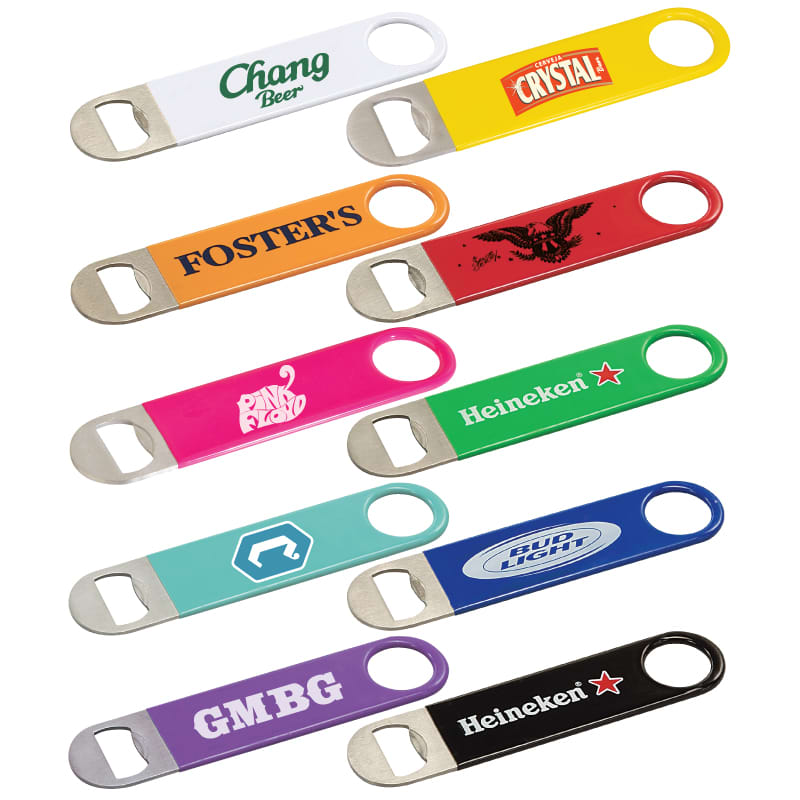 A collection of vinyl wrapped paddle style bottle openers in various colours, each featuring different logos and branding. Vinyl Wrapped Paddle Style Bottle Opener - Image 1