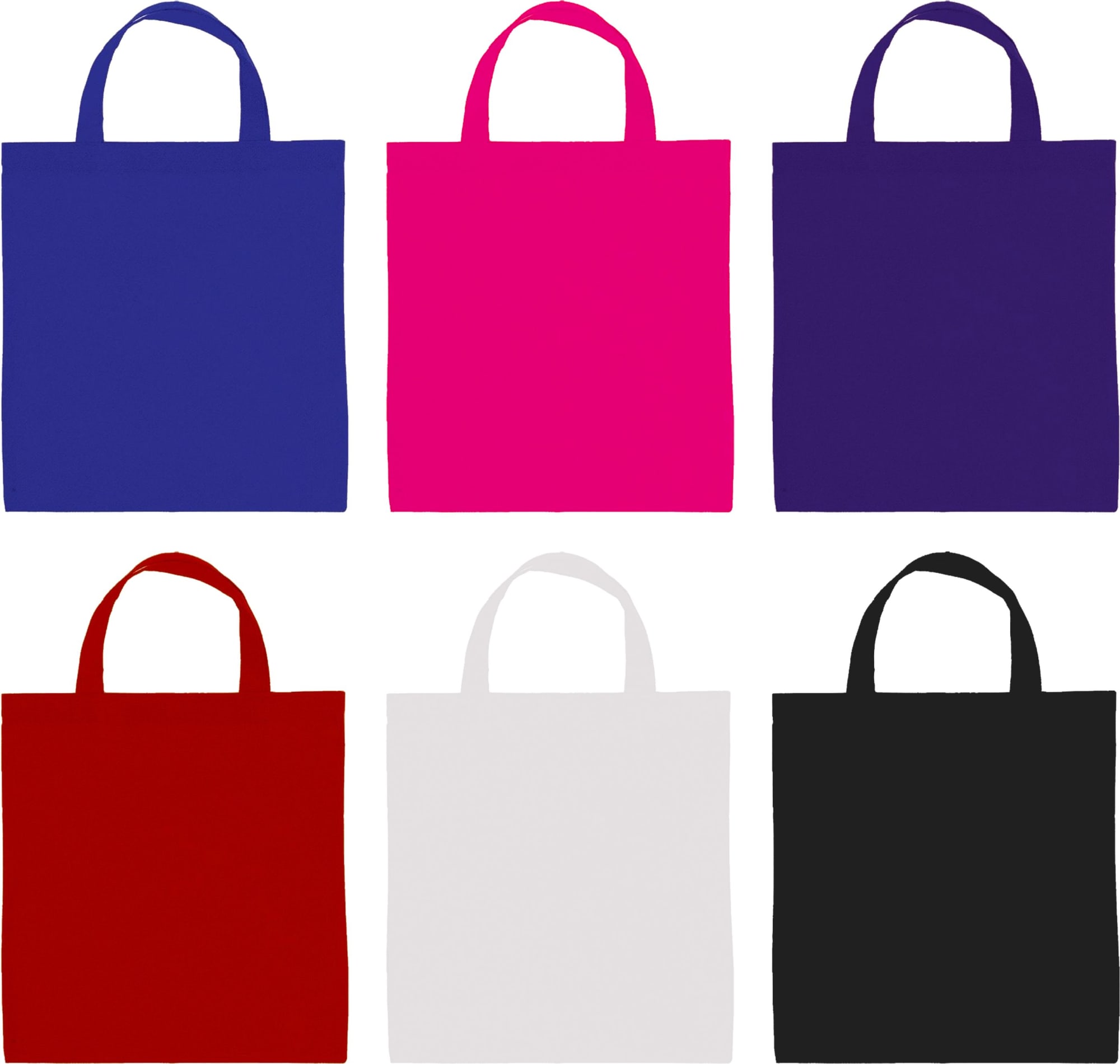 A collection of tote bags in blue, pink, purple, red, white, and black, featuring handles and a logo. Levin Tote Bag - Image 1