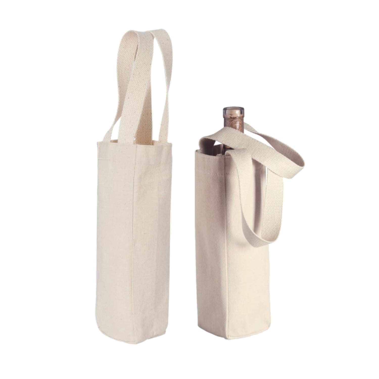 A drink bottle tote in natural cotton colour with long handles, designed to carry a wine bottle. Cotton Wine Bottle Gift Tote - Image 1