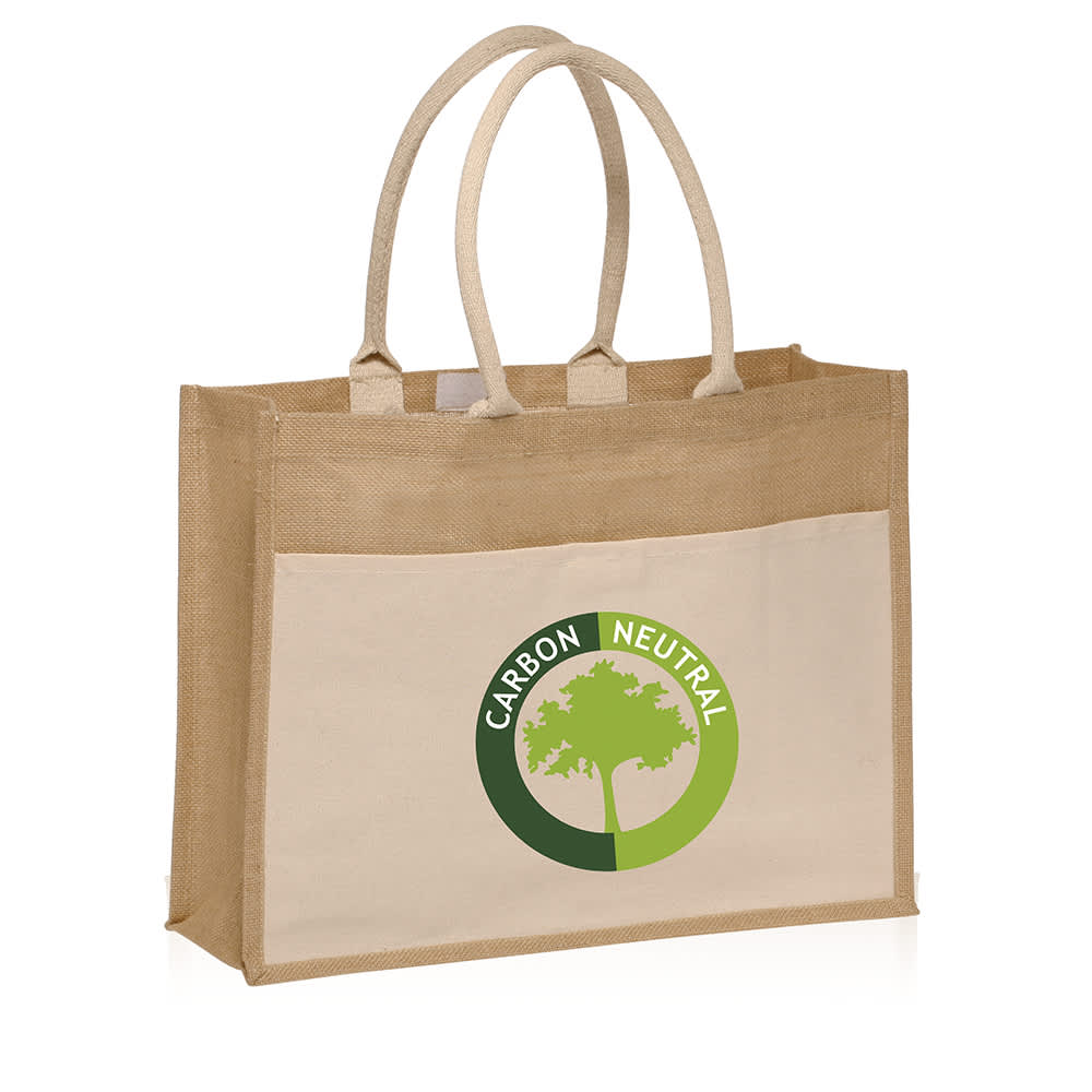 A jute tote bag featuring handles, a cream body, and a green logo on the front. Calico Pocket Jute Tote Bag - Image 1