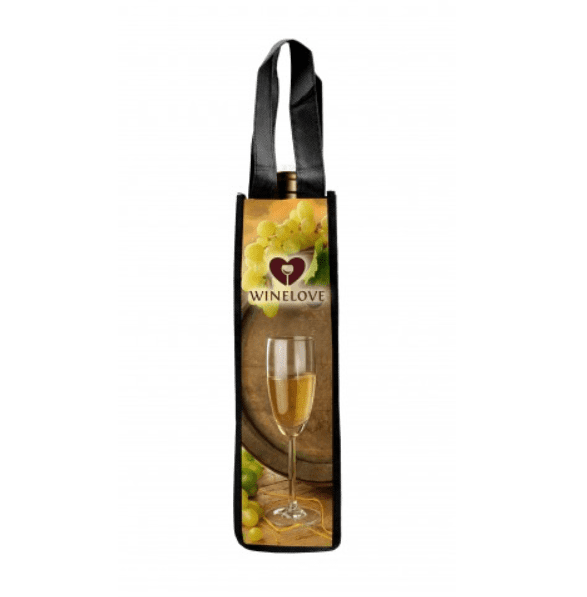 A drink bottle bag in black and yellow, featuring a design with a wine glass and grapes. Includes a logo. Single Bottle Wine Bag - Image 1
