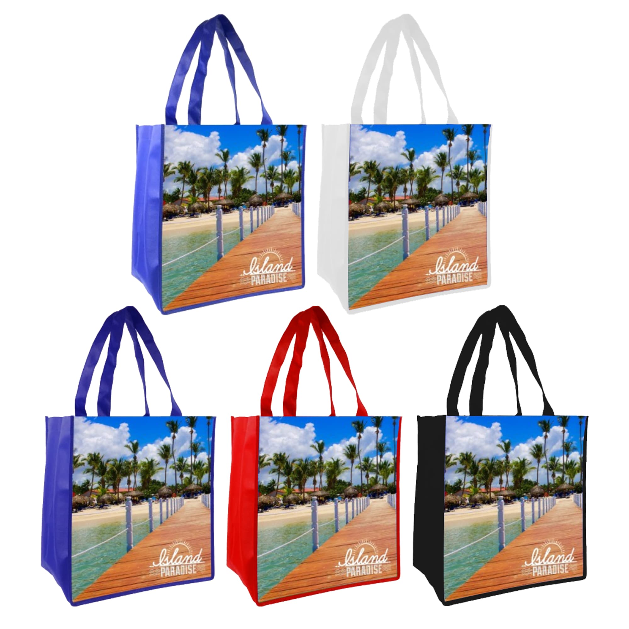 A collection of tote bags in blue, white, red, black, and purple, featuring a tropical beach scene with a boardwalk. Full Colour Printed Tote Bag - Image 1