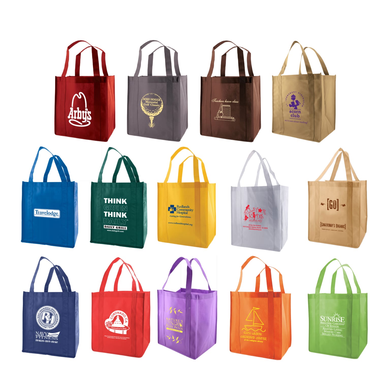 A collection of extra-large non-woven reusable grocery bags in various colours, featuring different logos. Shopping Bag Extra Large Non Woven - Image 1