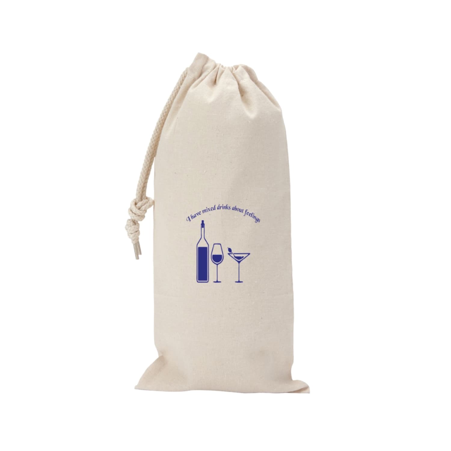 A canvas drawstring wine gift bag in natural colour with a logo featuring wine bottles and glasses. Canvas Drawstring Wine Gift Bag - Image 1