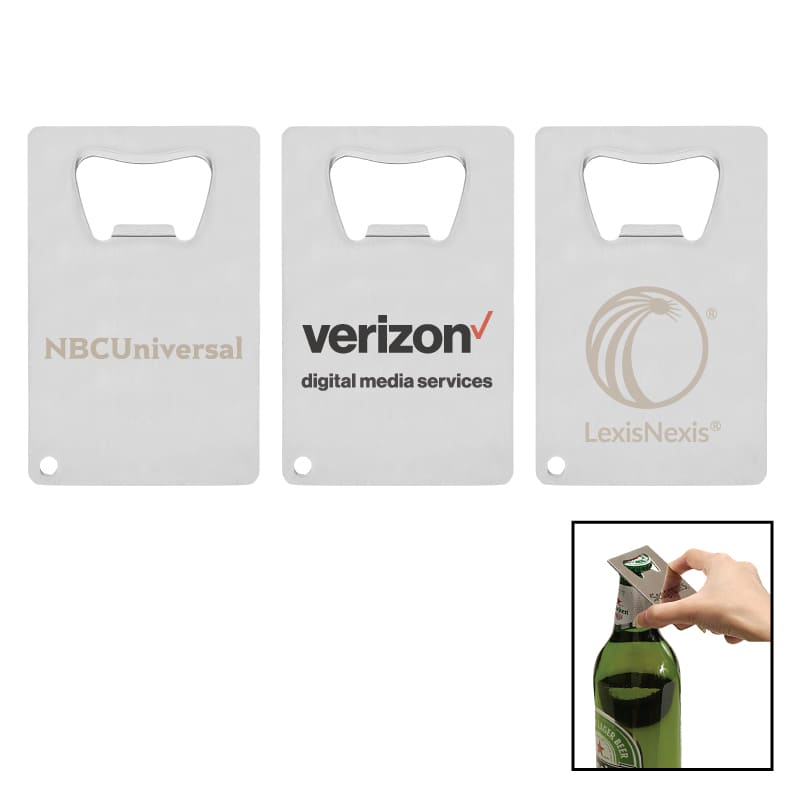 A drink bottle opener resembling a credit card, featuring a sleek silver design and various logos. Credit Card Polished Bottle Opener - Image 1