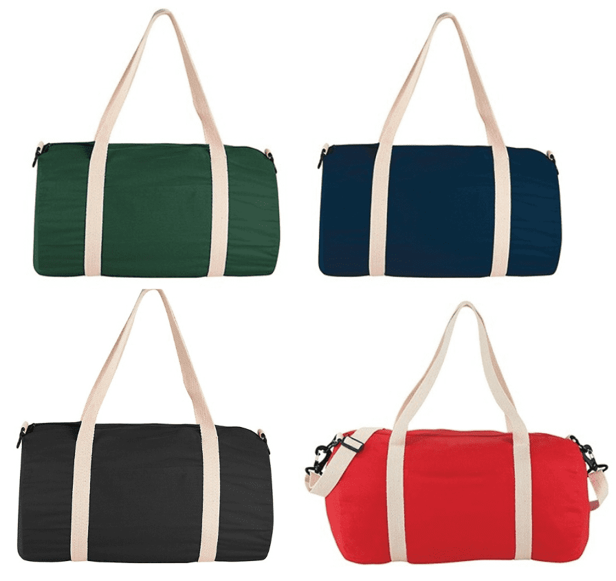 Four duffel bags in green, navy, black, and red, featuring beige straps and a logo on each bag. The Overnight Duffel Bag - Image 1