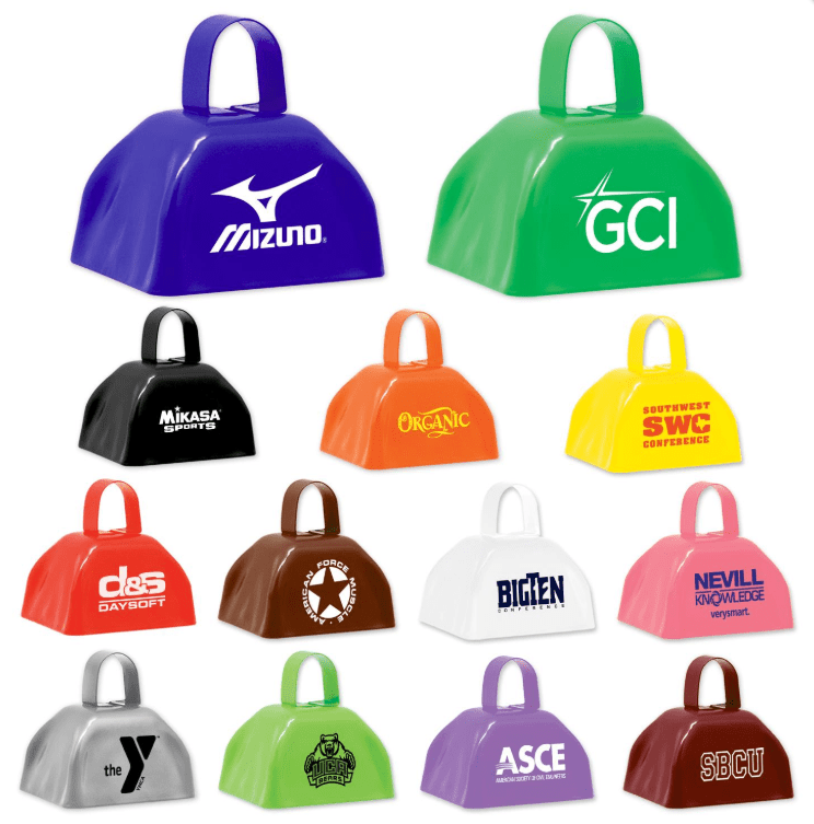 A variety of brightly coloured cowbells in different shapes with attached handles, featuring multiple logos. Classic Cow Bell - Image 1