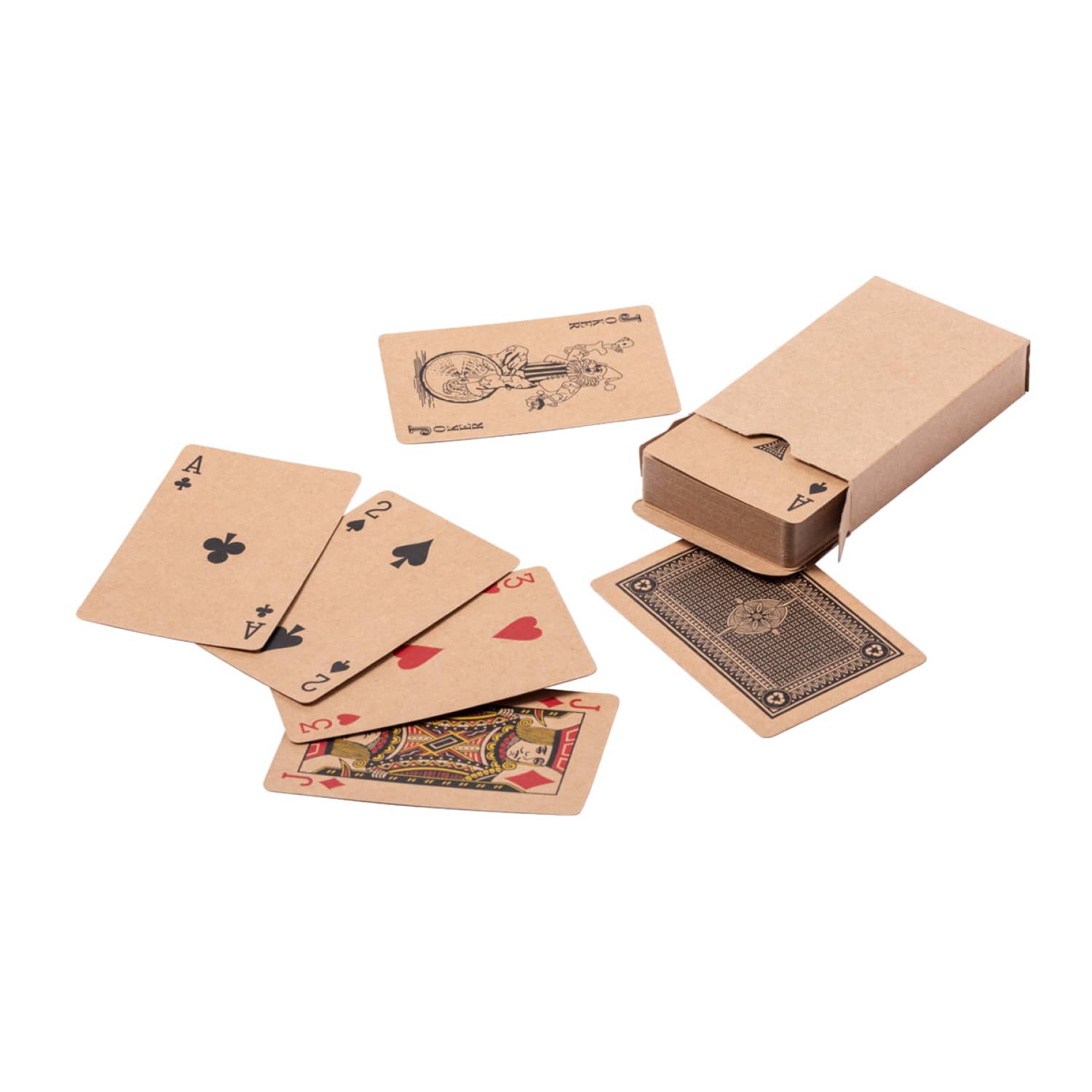 Recycled paper playing cards in a kraft cardboard box, featuring various designs including aces and playing figures. Recycled Paper Playing Cards - Image 1