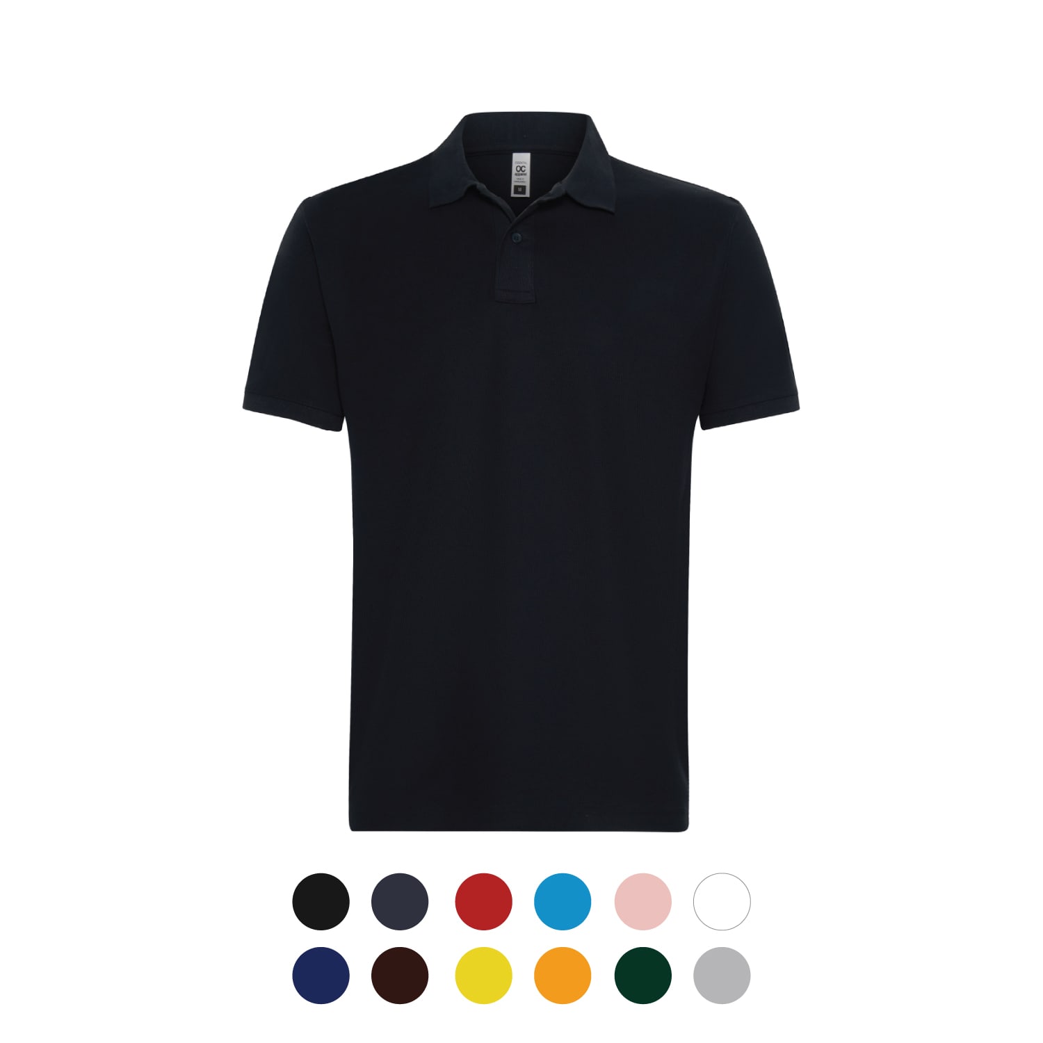 A black polo shirt with a collar, featuring a logo. Available in various colours below. Men's Prime Polo - Image 1