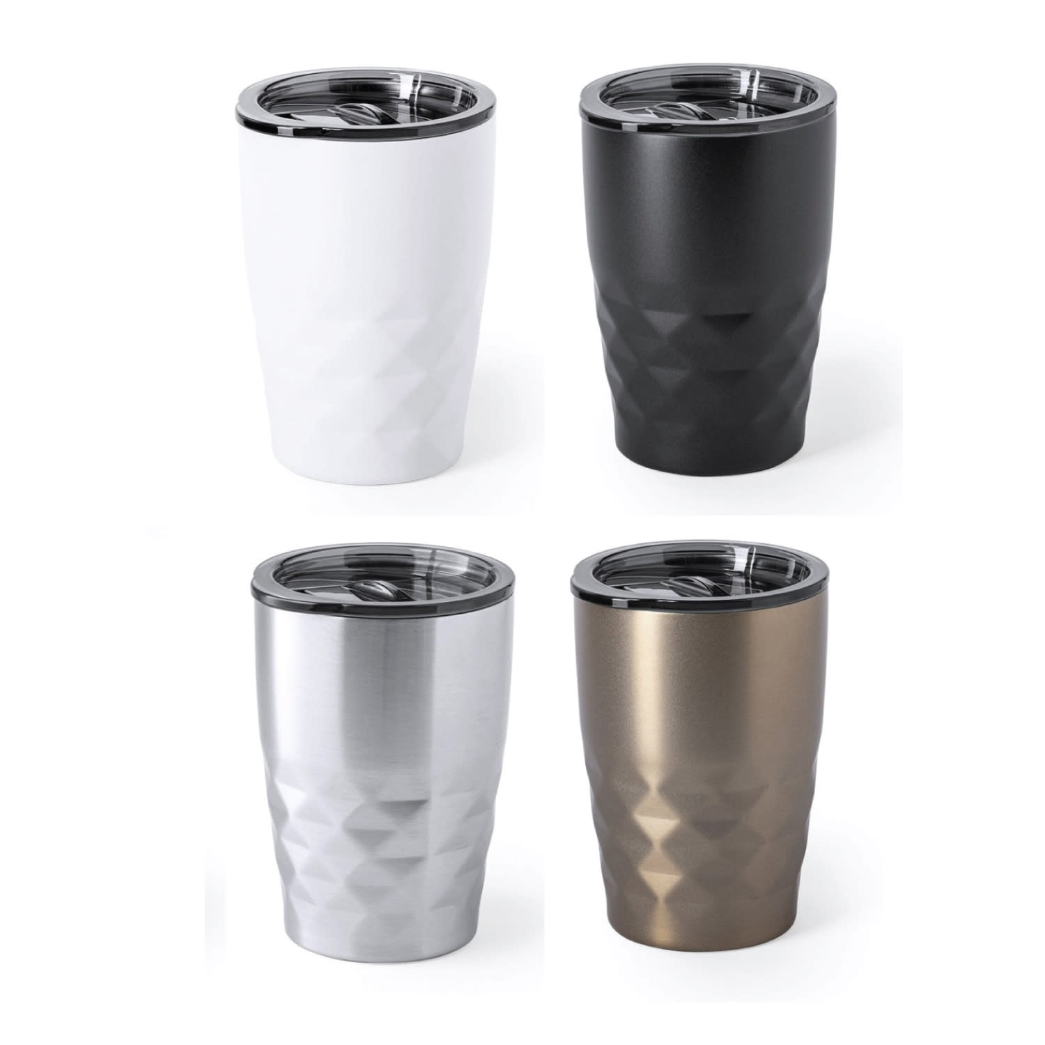 A collection of four insulated travel mugs in white, black, silver, and bronze, each with a diamond cut design and lid. Diamond Cut Insulated Travel Mug - Image 1
