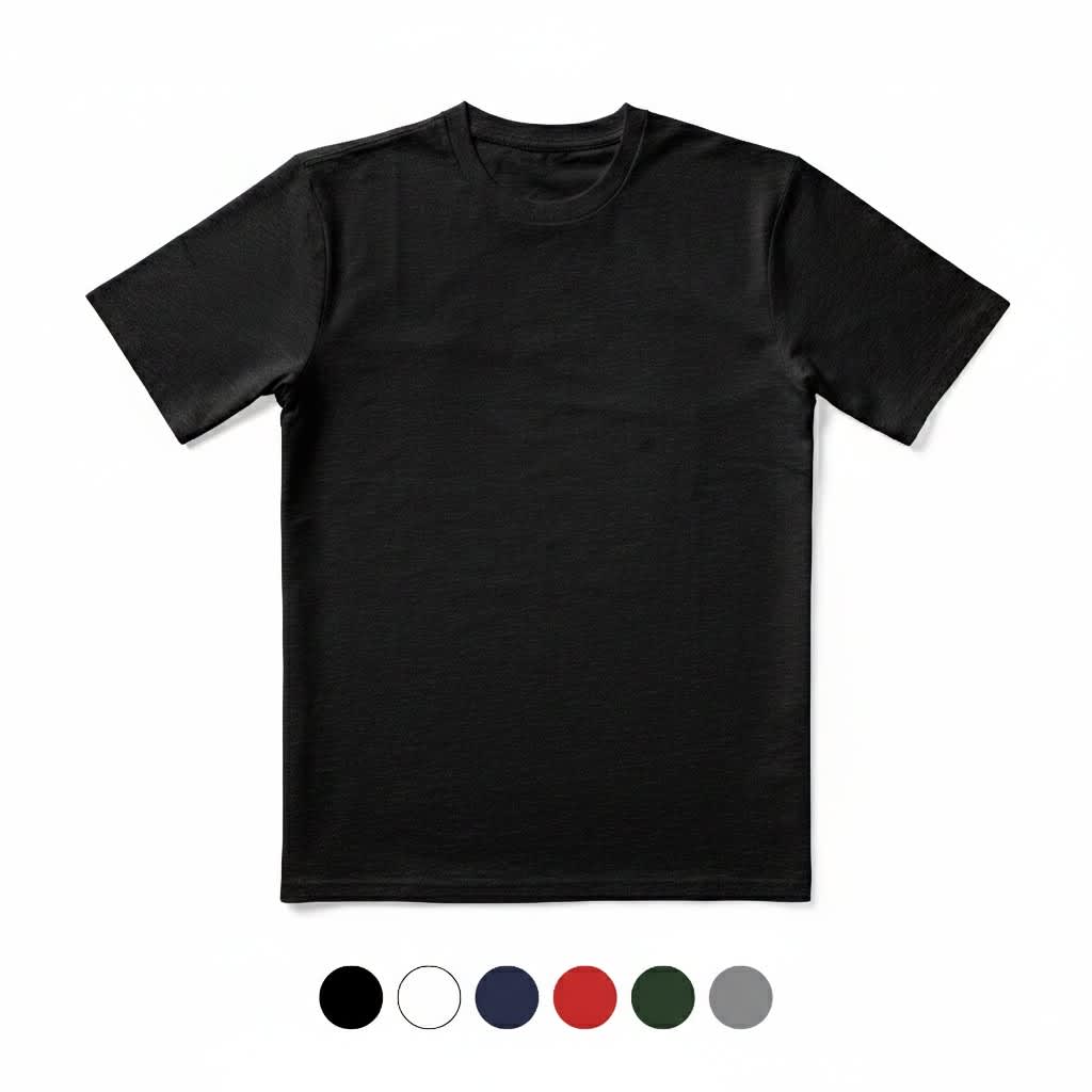 A black short-sleeved T-shirt with a round neckline featuring a logo. Available in multiple colours below. Reborn Tee - Image 1