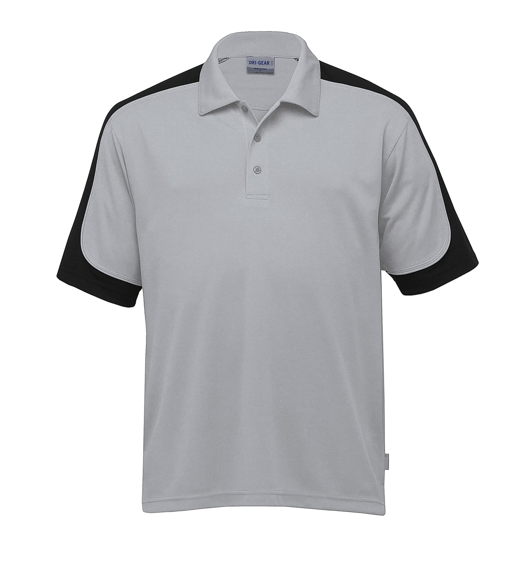 A grey and black Dri Gear Challenger Polo, featuring short sleeves and a collar, with a logo. Dri Gear Challenger Polo - Image 1