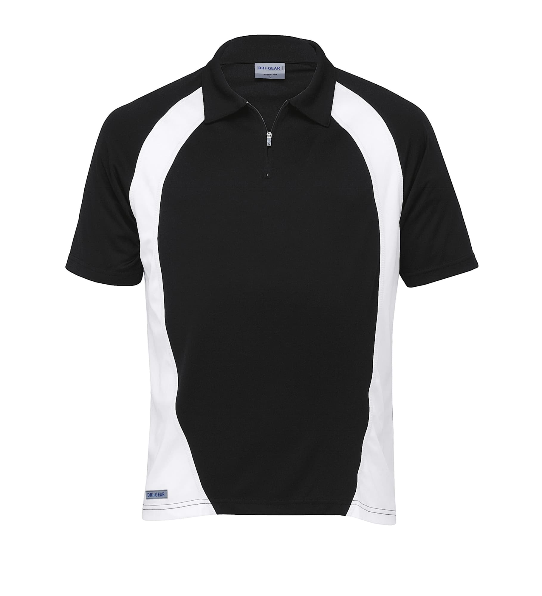 A black and white polo shirt with a zip collar and branded logo. Suitable for active wear. Dri Gear Active Blitz Polo - Mens - Image 1