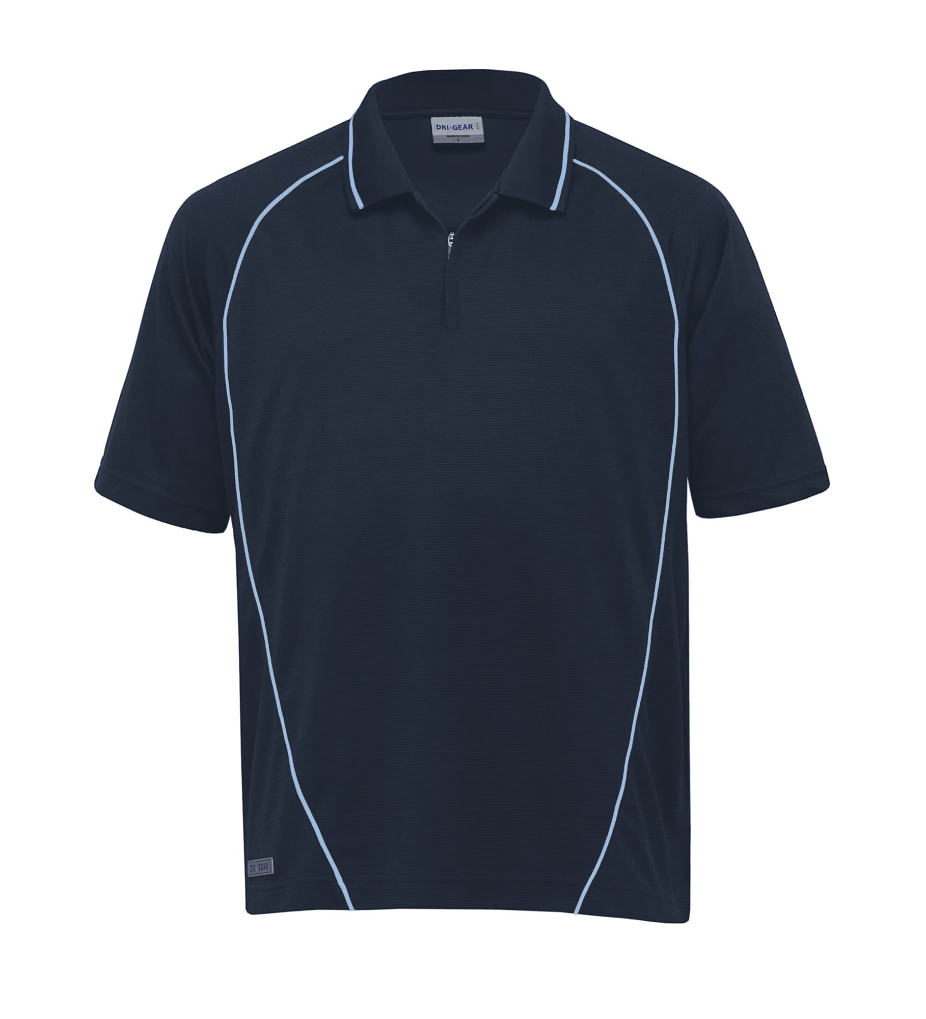 A navy polo shirt with light blue piping and a logo on the hem. It features a short zipper and a sporty design. Dri Gear Piped Ottoman Instinct Polo - Image 1