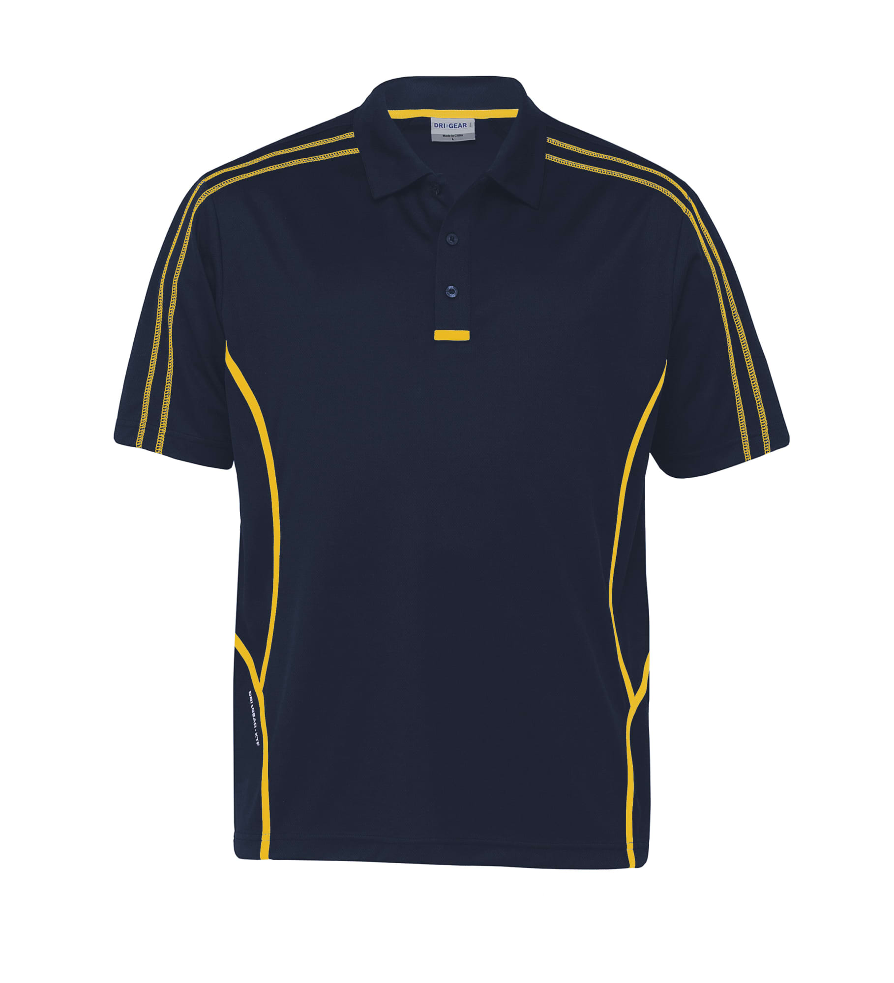 A navy polo shirt featuring yellow stripe accents and a logo. Suitable for casual or sporting occasions. Dri Gear Reflex Polo - Image 1