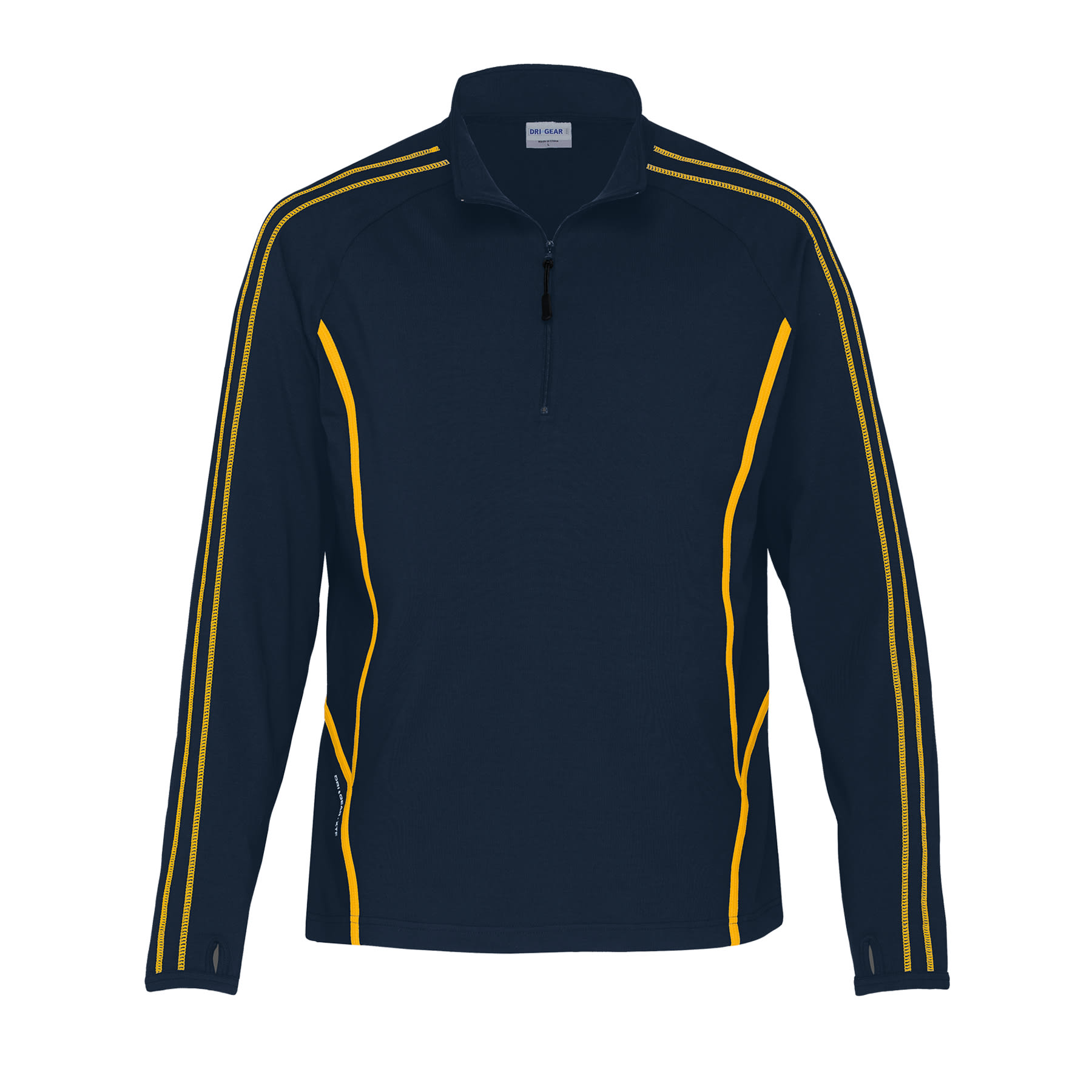 A navy pullover jacket with yellow stripes and a zip collar, featuring branding on the chest. Dri Gear Reflex Zip Pullover - Image 1