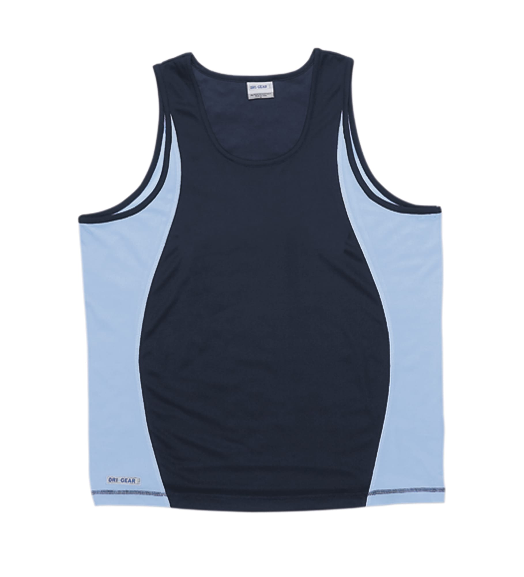 A navy blue and light blue men's singlet featuring a logo on the side. Dri Gear Active Contrast Singlet - Mens - Image 1
