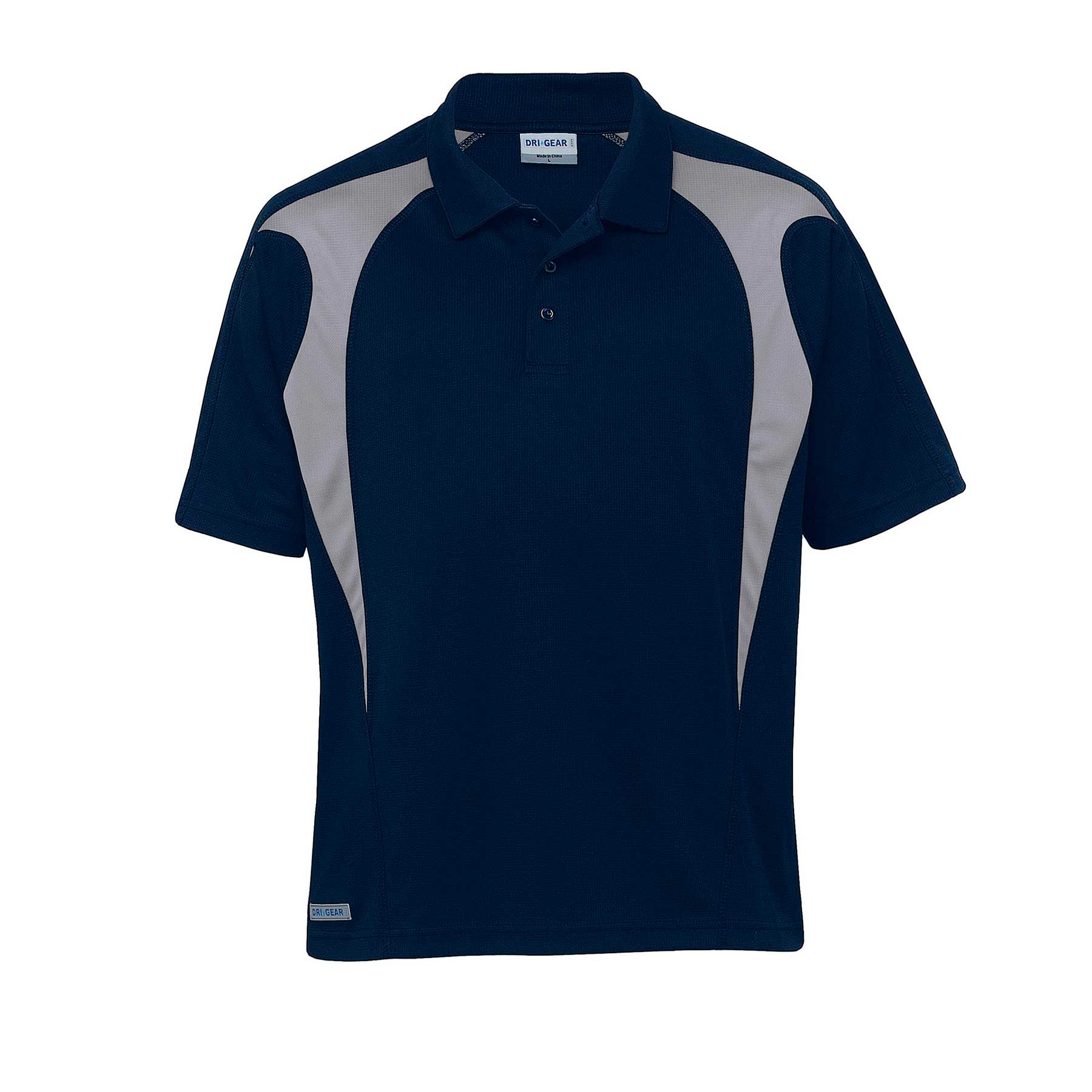A navy polo shirt with light grey spliced panels and a logo on the front. Dri Gear Spliced Zenith Impact Polo - Image 1