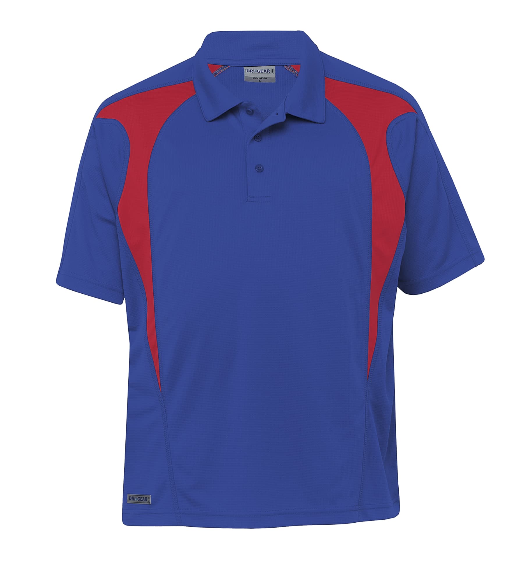 A blue polo shirt with red spliced accents, featuring a collar and short sleeves. It has a logo. Dri Gear Spliced Zenith Polo - Image 1