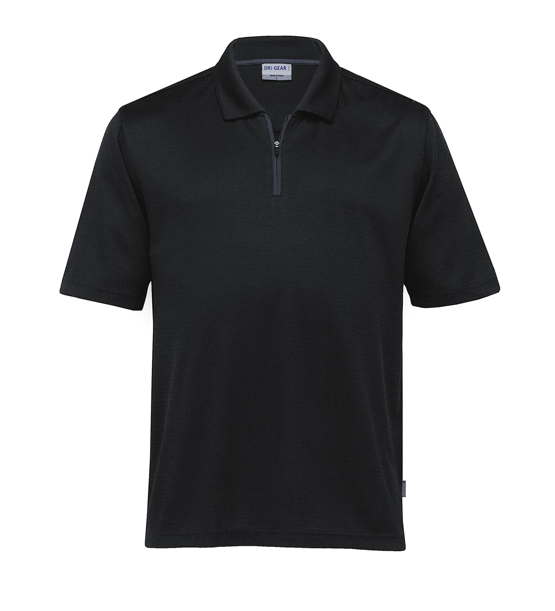 A black polo shirt featuring a zippered collar and a logo on the side. Dri Gear Trimmed Polo - Image 1