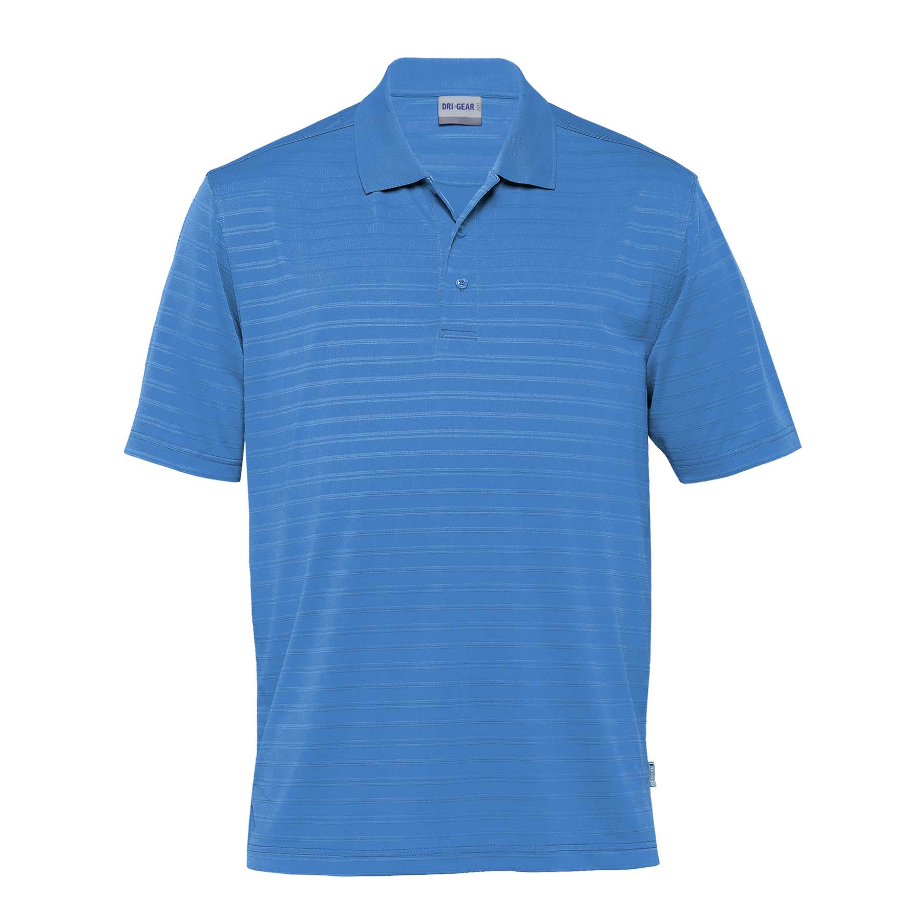 A blue striped polo shirt for men featuring a collar and short sleeves. It has a small logo on the chest. Dri Gear Vanquish Polo – Mens - Image 1