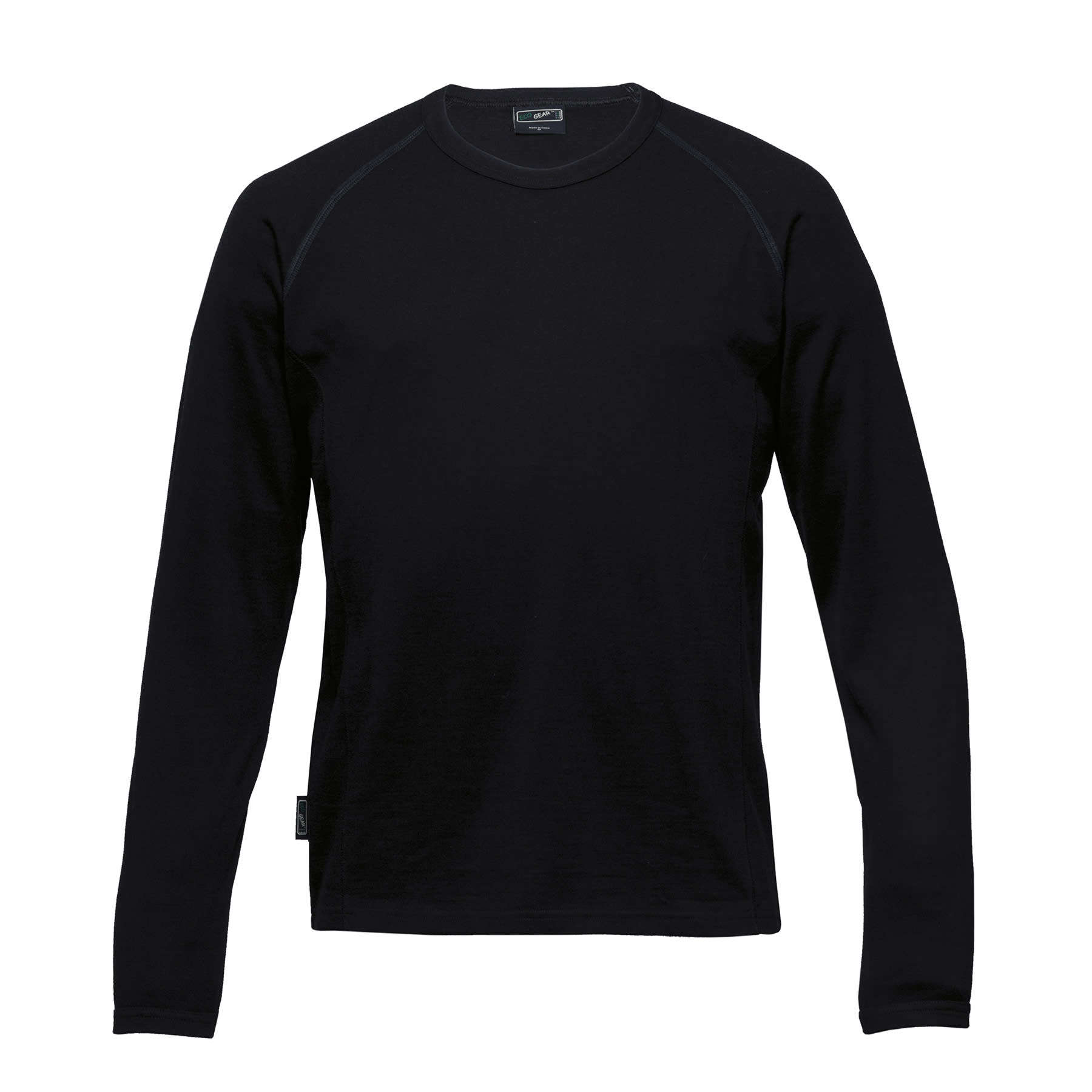 A black Merino crew pullover for men, featuring long sleeves and a fitted design. It has a logo tag on the side. Merino Crew Pullover - Mens - Image 1