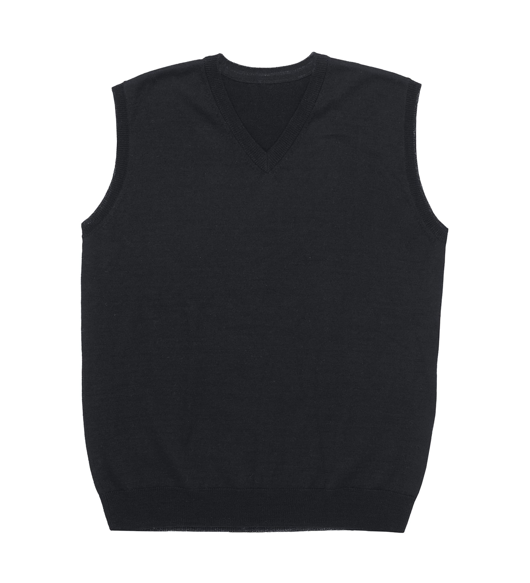 A black, sleeveless v-neck vest made from Merino wool, featuring a ribbed hem and a logo. Merino Fully Fashioned Vest - Mens - Image 1