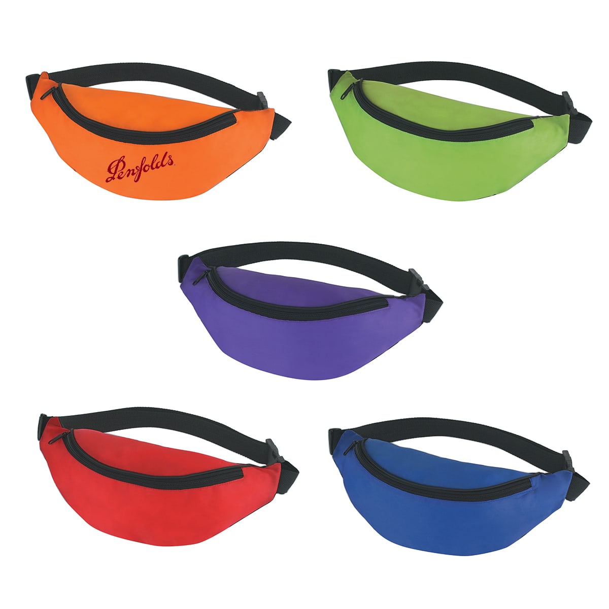 Five bum bags in orange, green, purple, red, and blue, all featuring zippers and an adjustable strap. Budget Waist Bag - Image 1