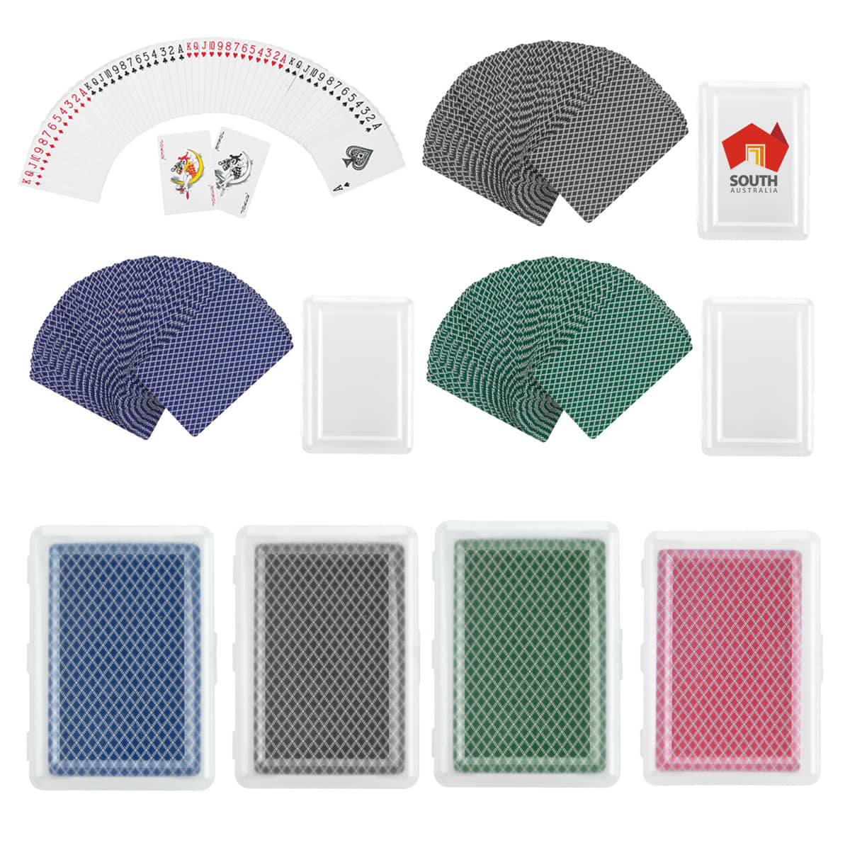 A set of playing cards in a case, featuring two colour options: red, green, and blue, along with a transparent storage case. Playing Cards In Case - Image 1