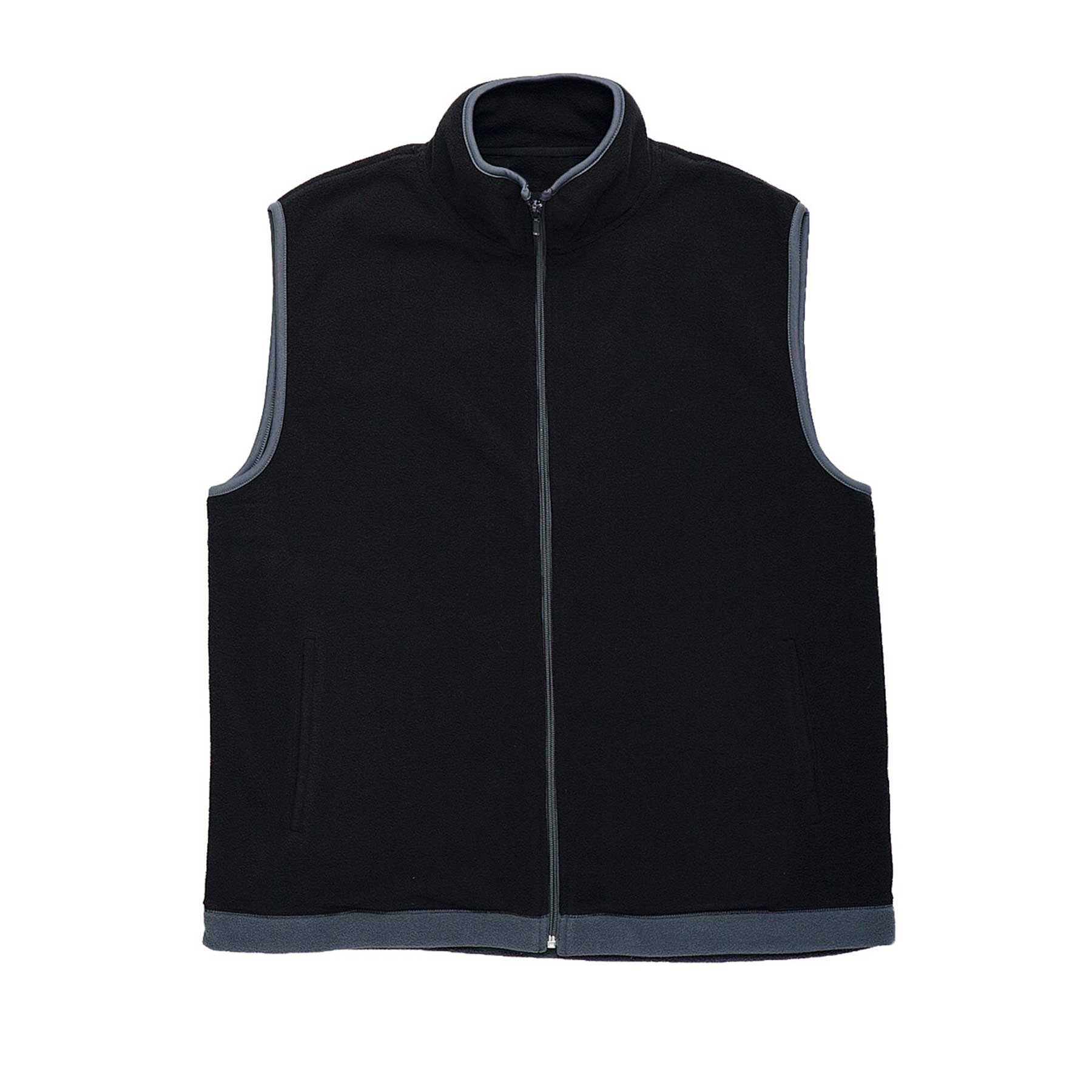 A black vest with a high collar and grey trim, featuring a full zip and side pockets. Ice Vista Vest - Mens - Image 1