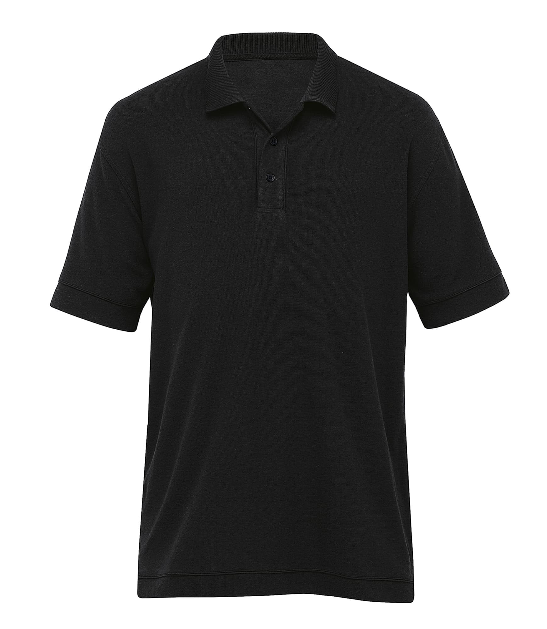 A black polo shirt for men featuring a collar and short sleeves. The shirt has a logo on the front. Manhattan Polo - Mens - Image 1