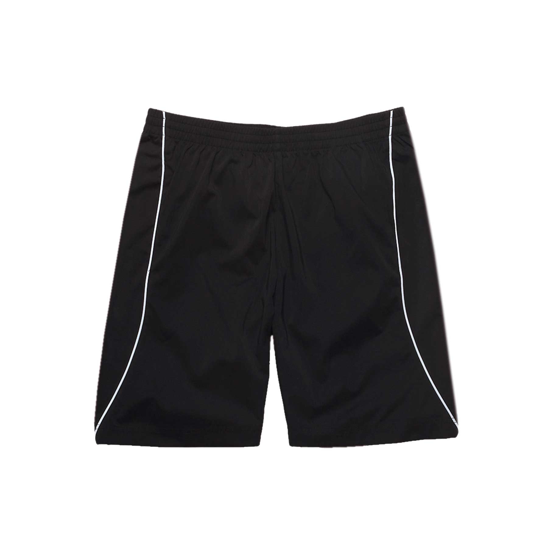 Black men's training shorts featuring white piping and an elastic waistband. Sports shorts with branding present. Training Shorts – Mens - Image 1