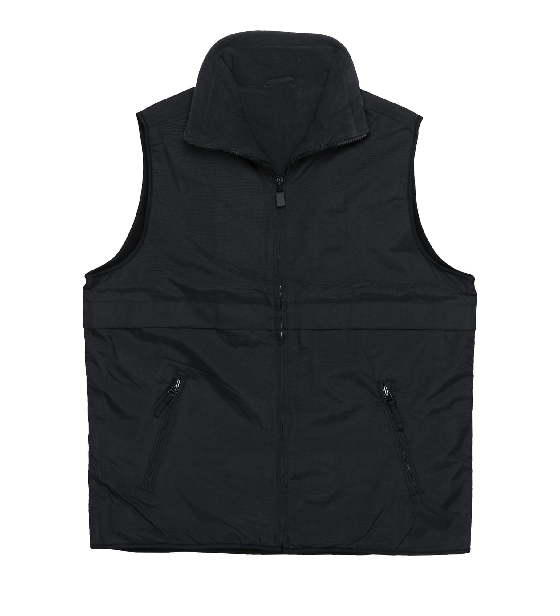 A black nylon vest featuring a zip front and two side pockets, with a high collar and a simple design. Nylon Ottoman Vest - Image 1