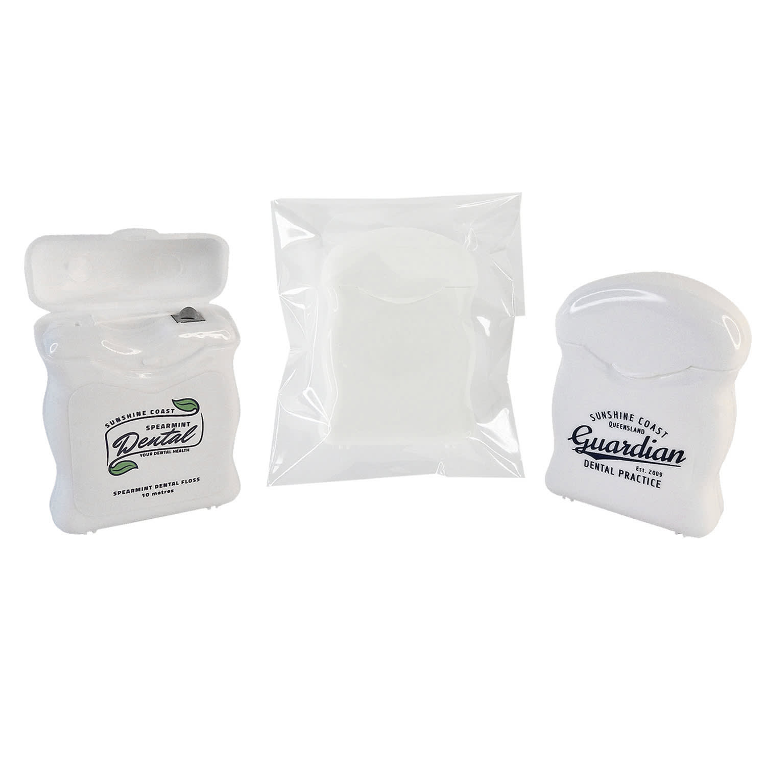 A pack of white dental floss containers, featuring a simple design and a logo. One container is slightly open. Dental Floss - Image 1
