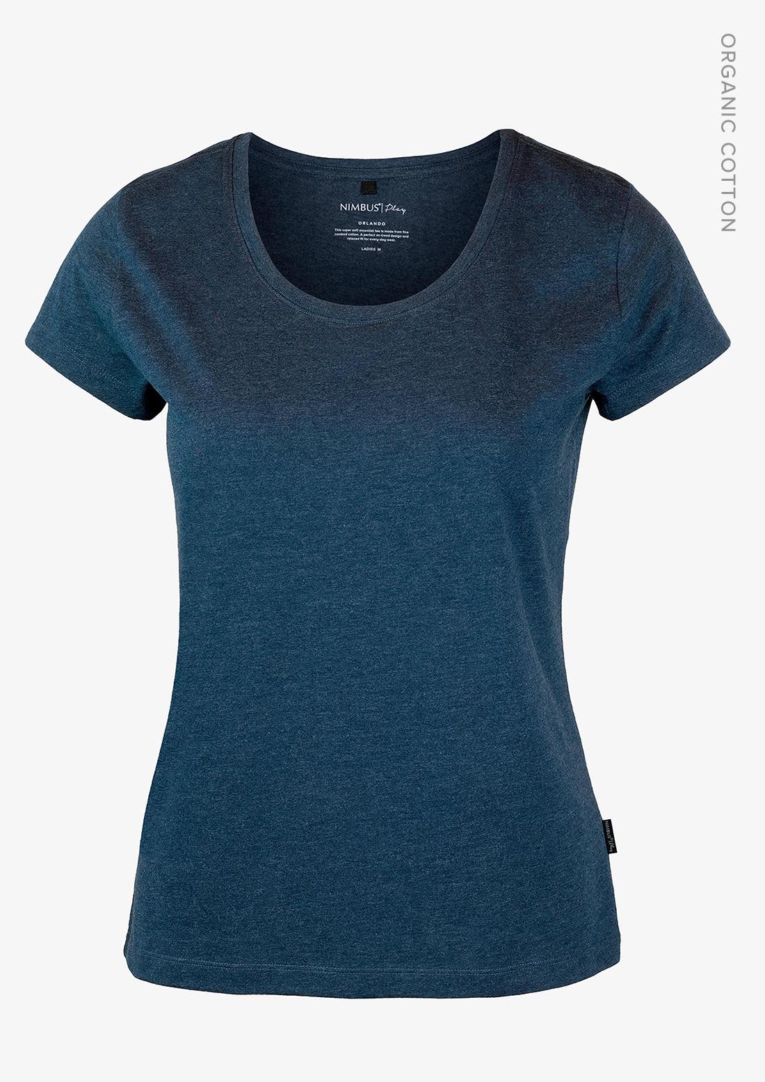 A navy blue women's t-shirt with a rounded neck and short sleeves, made from organic cotton, featuring a logo. Orlando Women T-Shirt - Image 1
