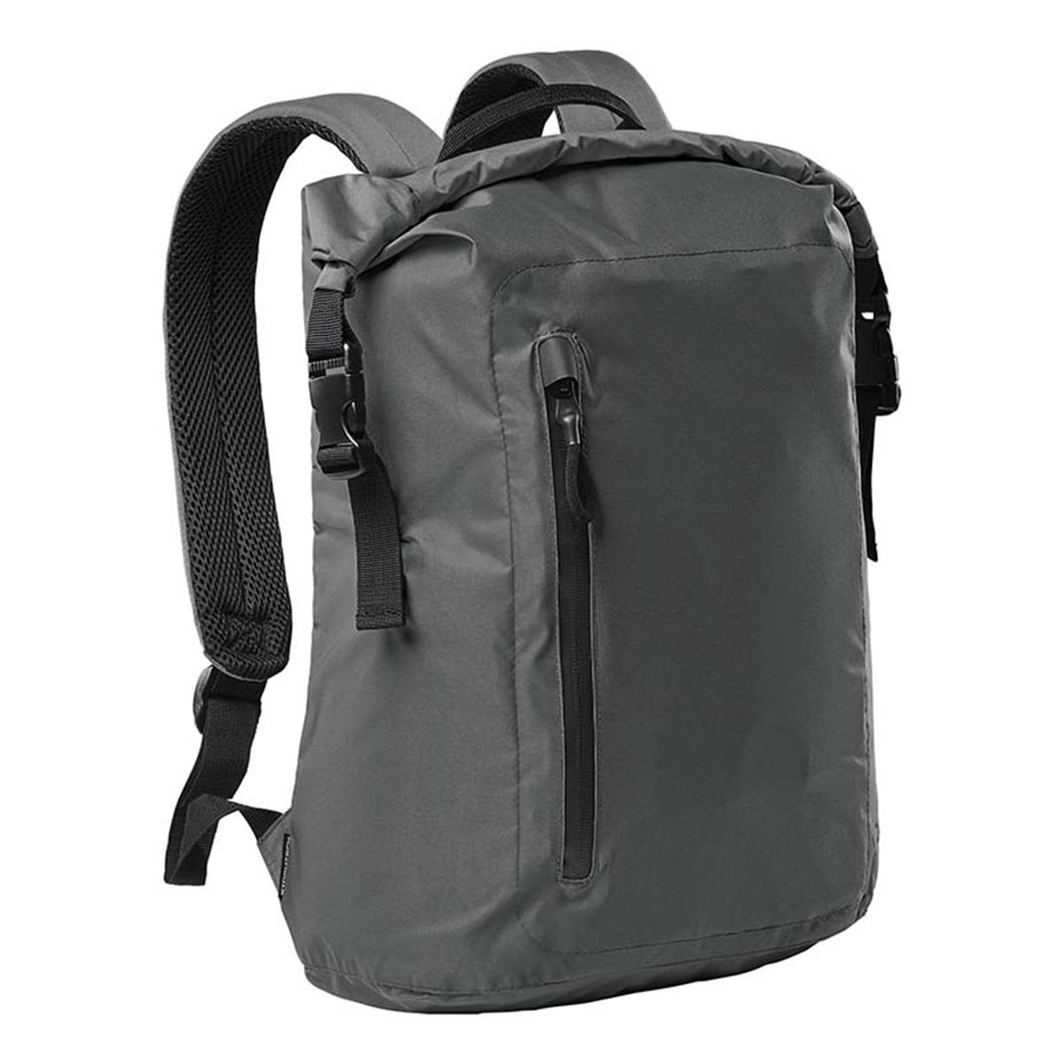 A grey roll-top backpack with adjustable straps and a front zip pocket, featuring a logo on the side. Teton Roll-Top Backpack - Image 1