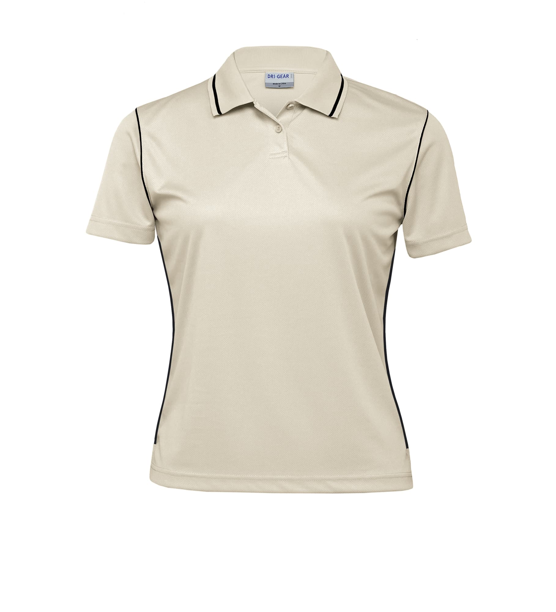 A women's polo shirt in a light beige colour with black piping and a logo on the chest. Dri Gear Hype Polo - Womens - Image 1