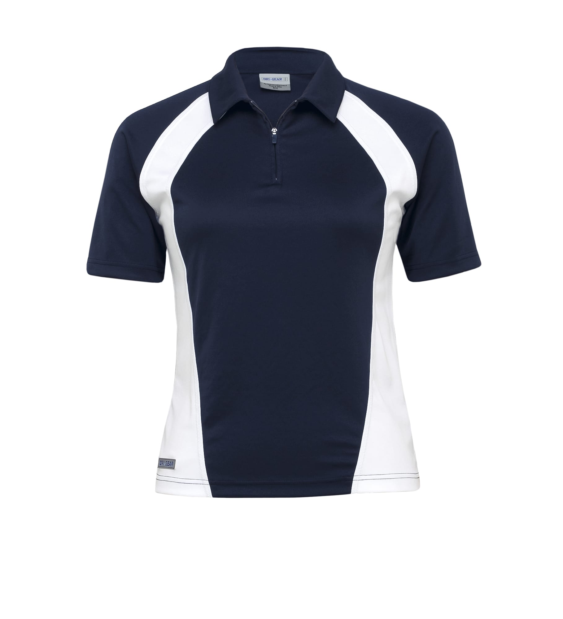 A women's polo shirt featuring a navy blue and white design with a quarter zipper and a logo. Dri Gear Active Blitz Polo - Womens - Image 1