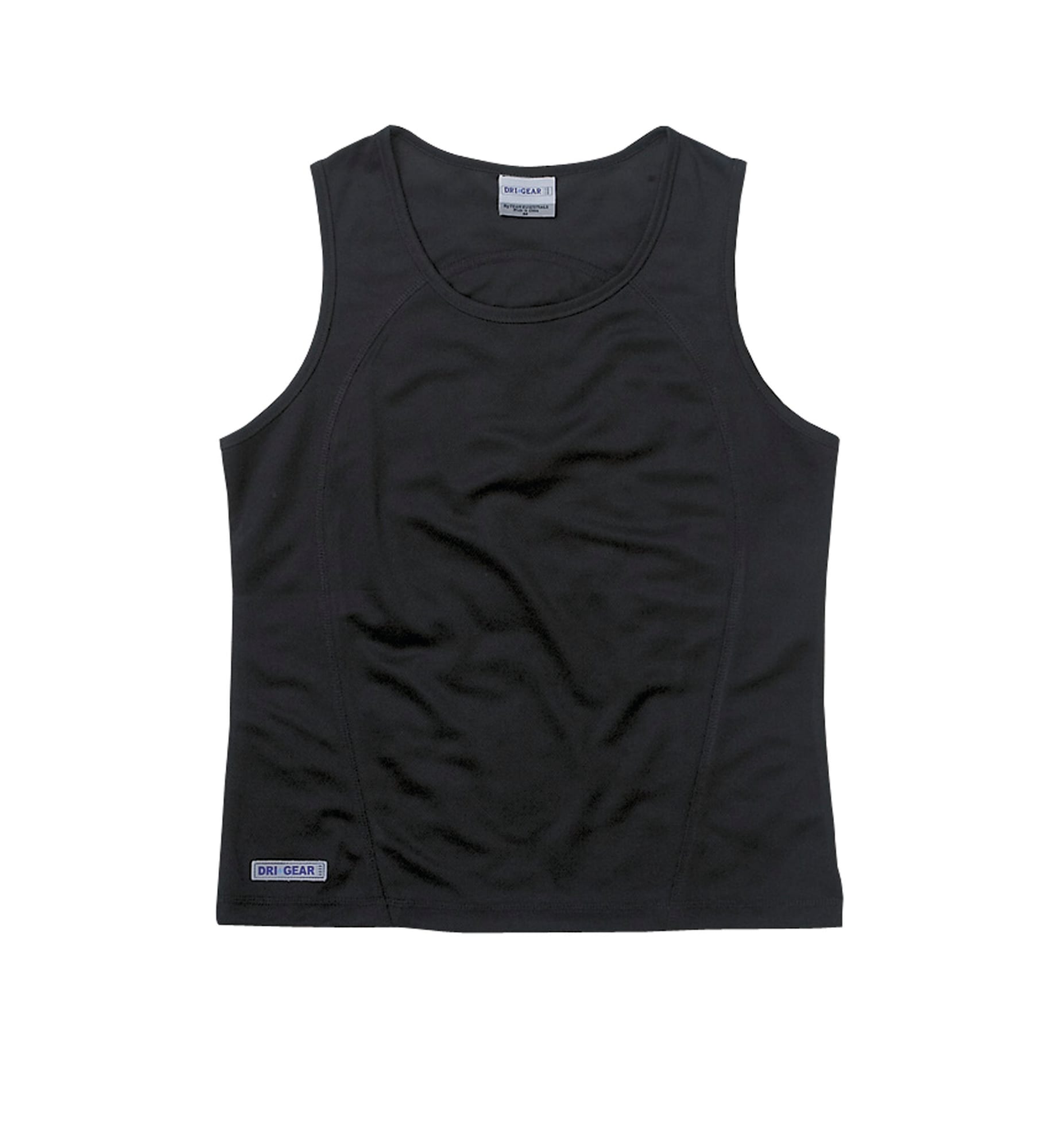 A black women's singlet from Dri Gear with a fitted design and a logo on the side. Dri Gear Plain Singlet - Womens - Image 1