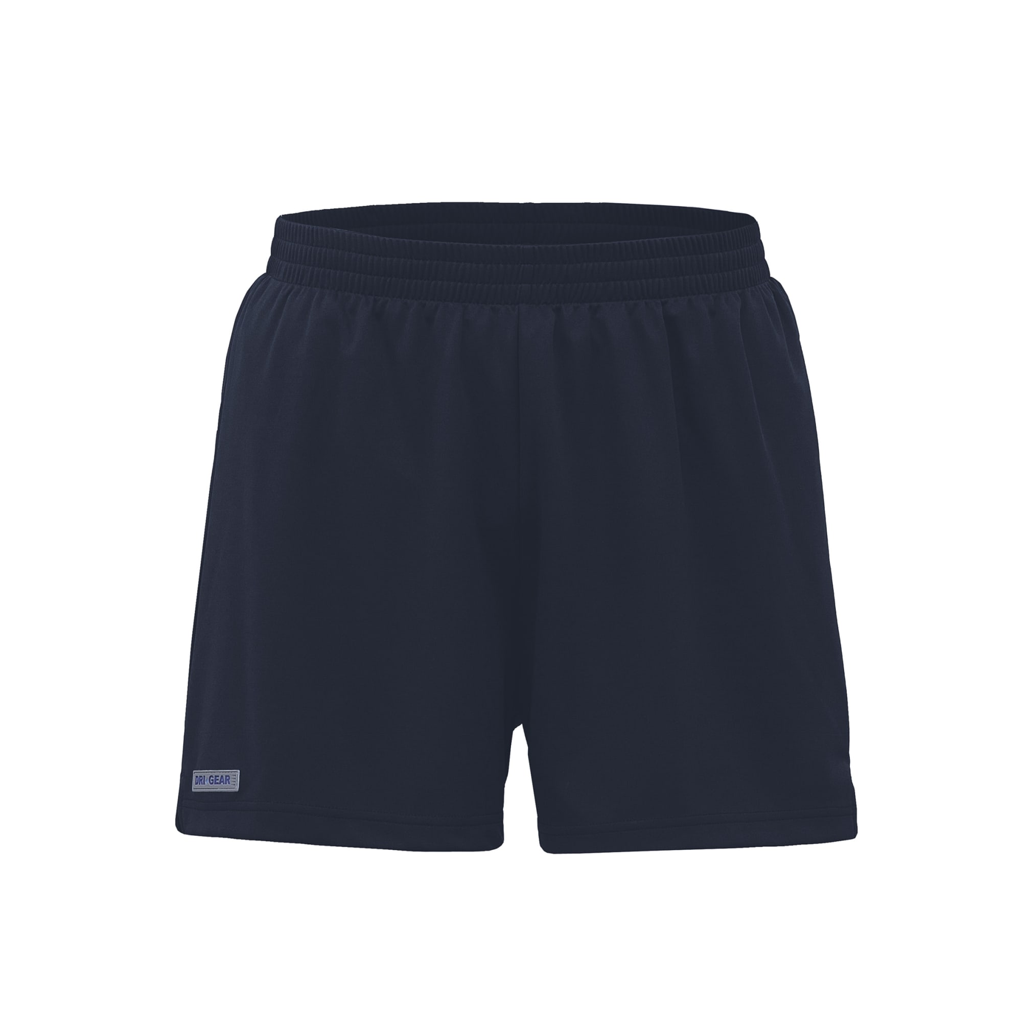 Navy women's sports shorts with an elastic waistband and a logo on the side. Suitable for athletic activities. Dri Gear Shorts - Womens - Image 1