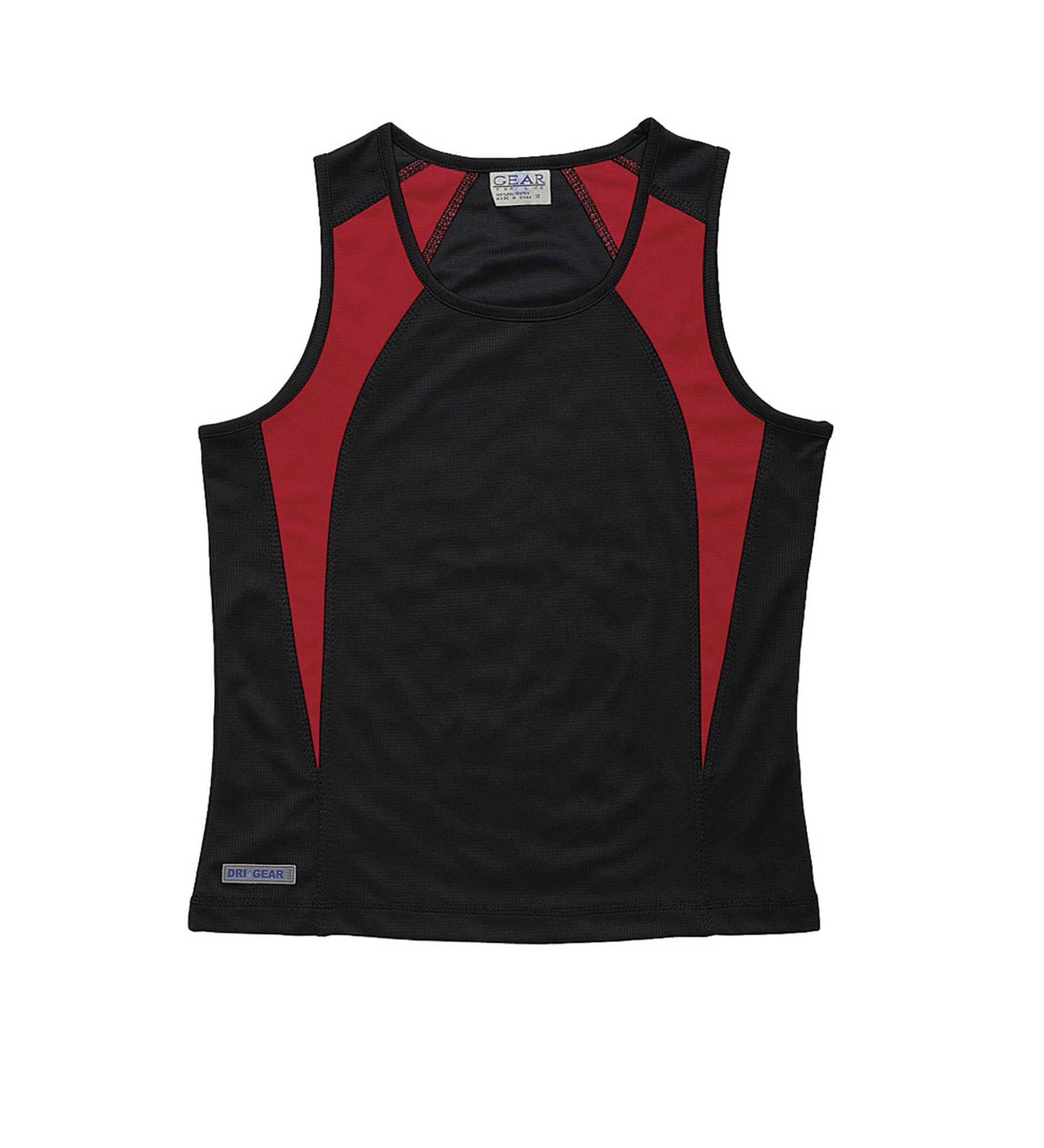 A women's singlet featuring a black body with red spliced panels and a logo on the side. Dri Gear Spliced Zenith Singlet - Womens - Image 1