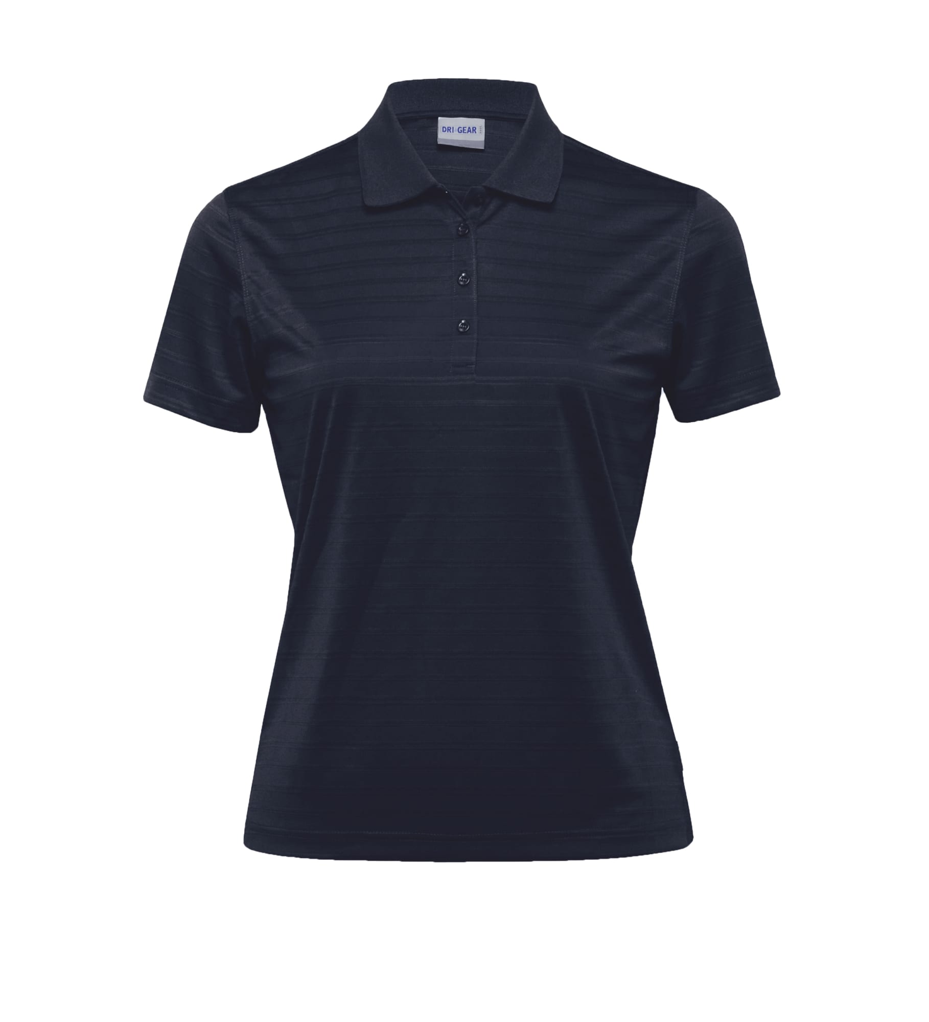 A women's Dri Gear Vanquish polo shirt in black, featuring a collar, buttons, and a subtle textured pattern. Dri Gear Vanquish Polo - Womens - Image 1