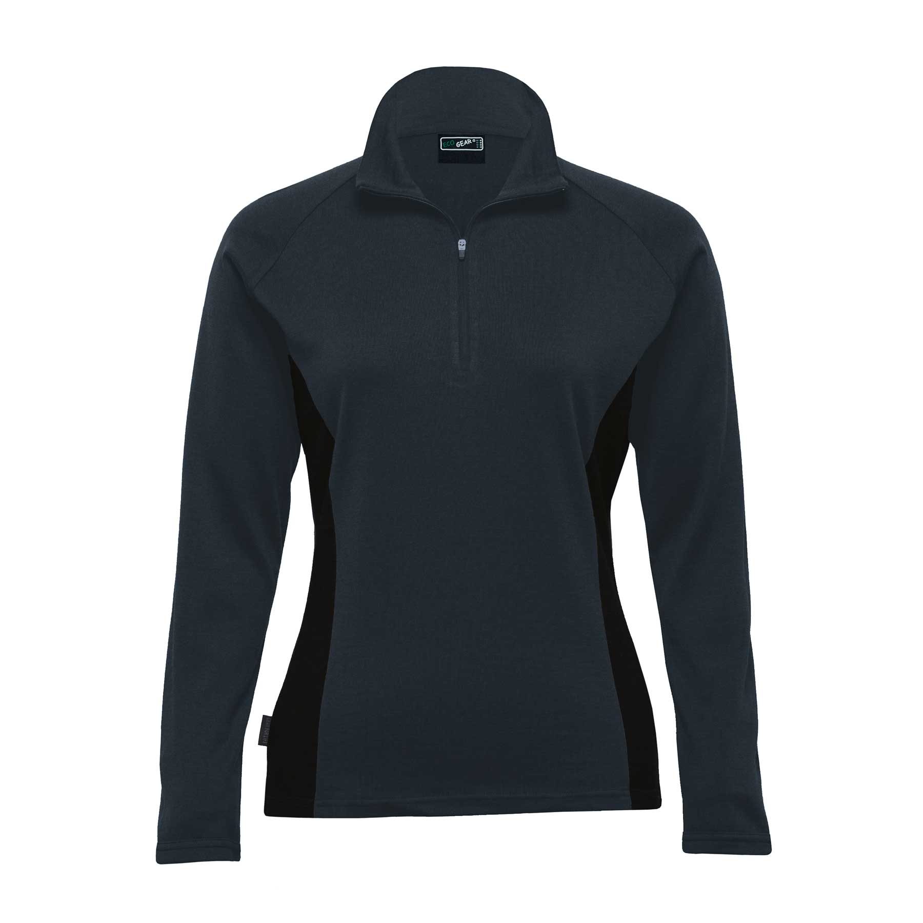 A Merino pullover in dark grey with black contrast inserts, featuring a zip neckline and long sleeves. Merino Contrast Insert Pullover – Womens - Image 1
