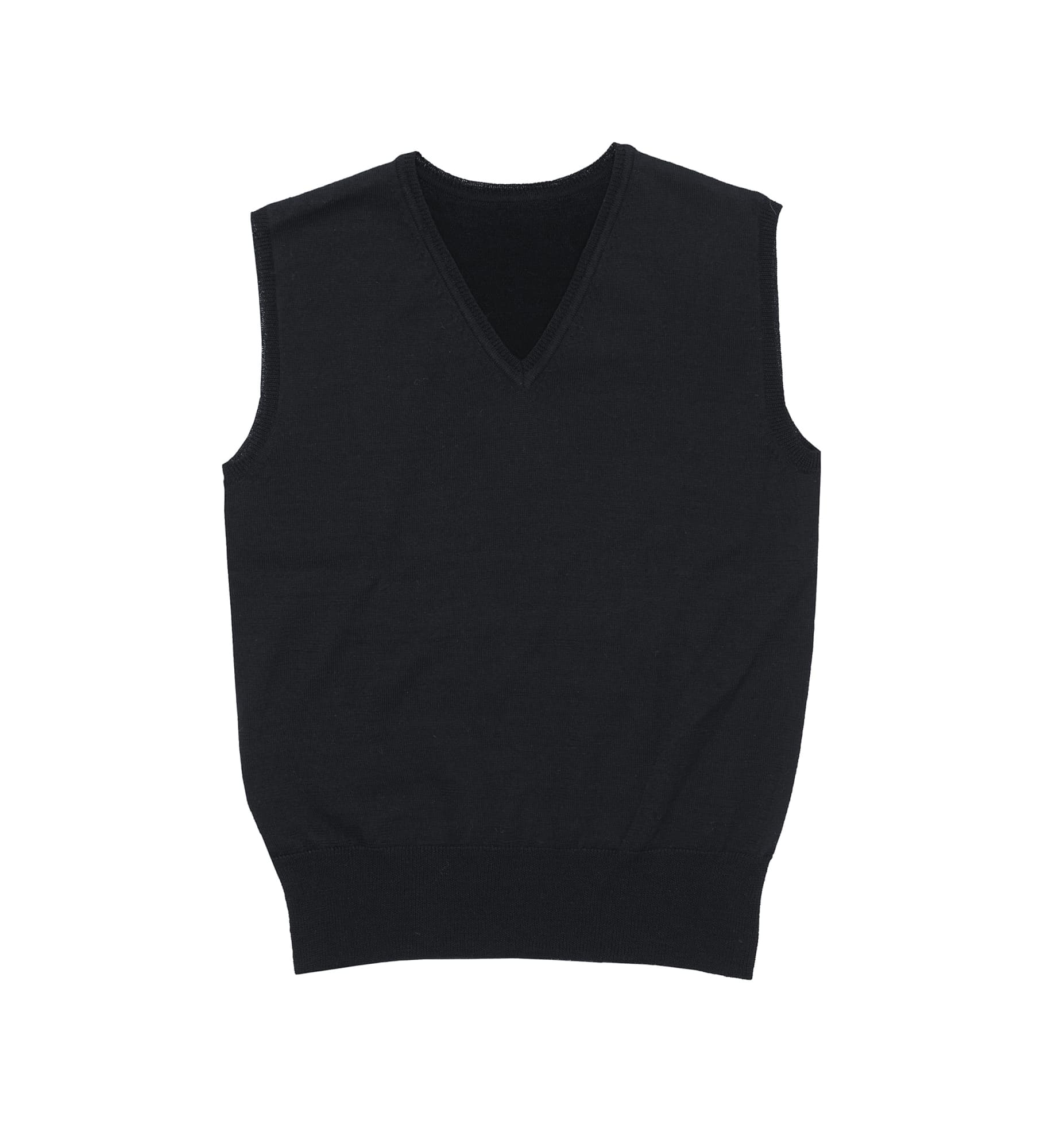 A black women's Merino fully fashioned vest with a V-neck design. The vest is sleeveless and features a fitted hem. Merino Fully Fashioned Vest - Womens - Image 1