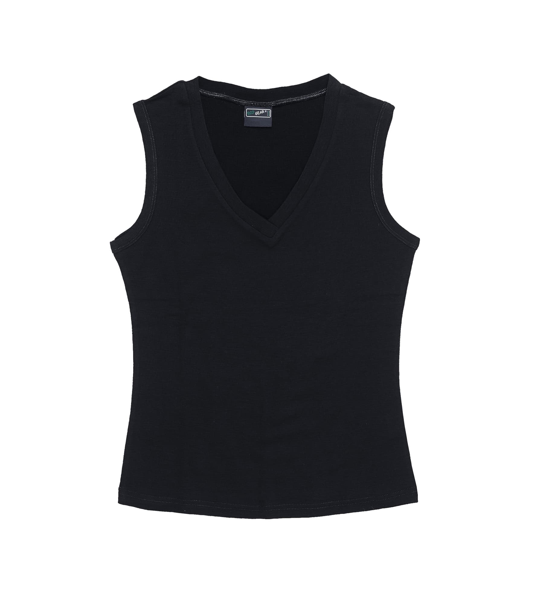 A black women's vest with a V-neck design, featuring sleeveless styling and a fitted silhouette. Merino Vest - Womens - Image 1
